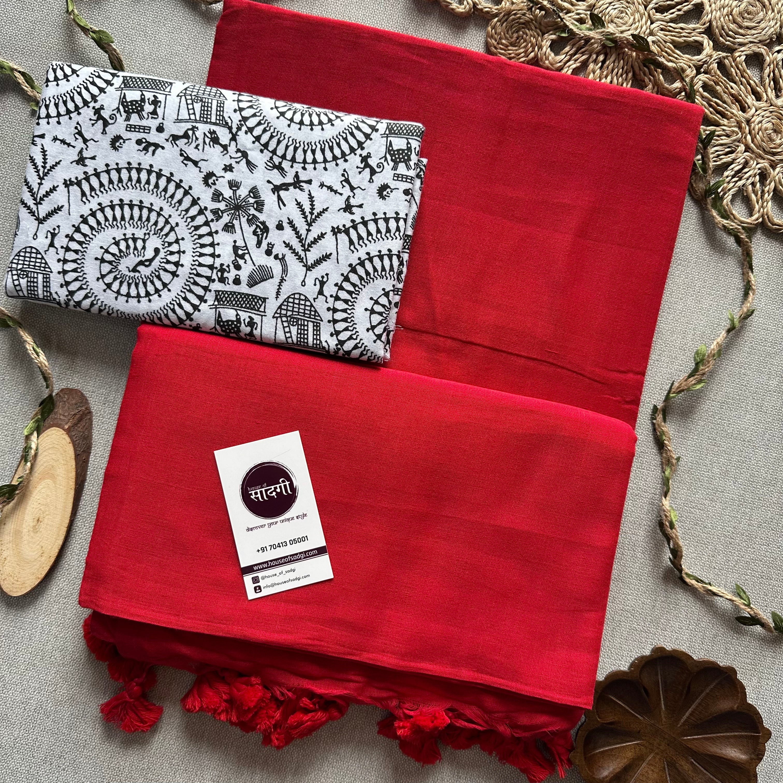 Red Handloom Khadi Cotton Saree With  White Vani Print Blouse