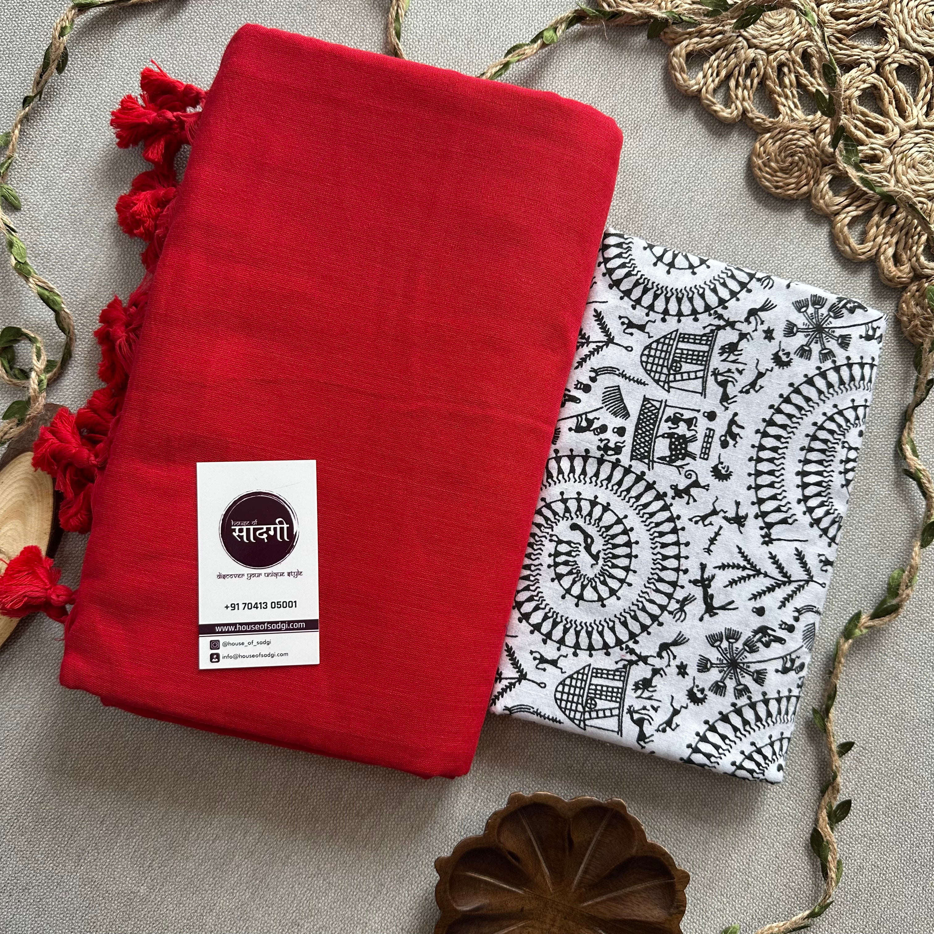 Red Handloom Khadi Cotton Saree With  White Vani Print Blouse