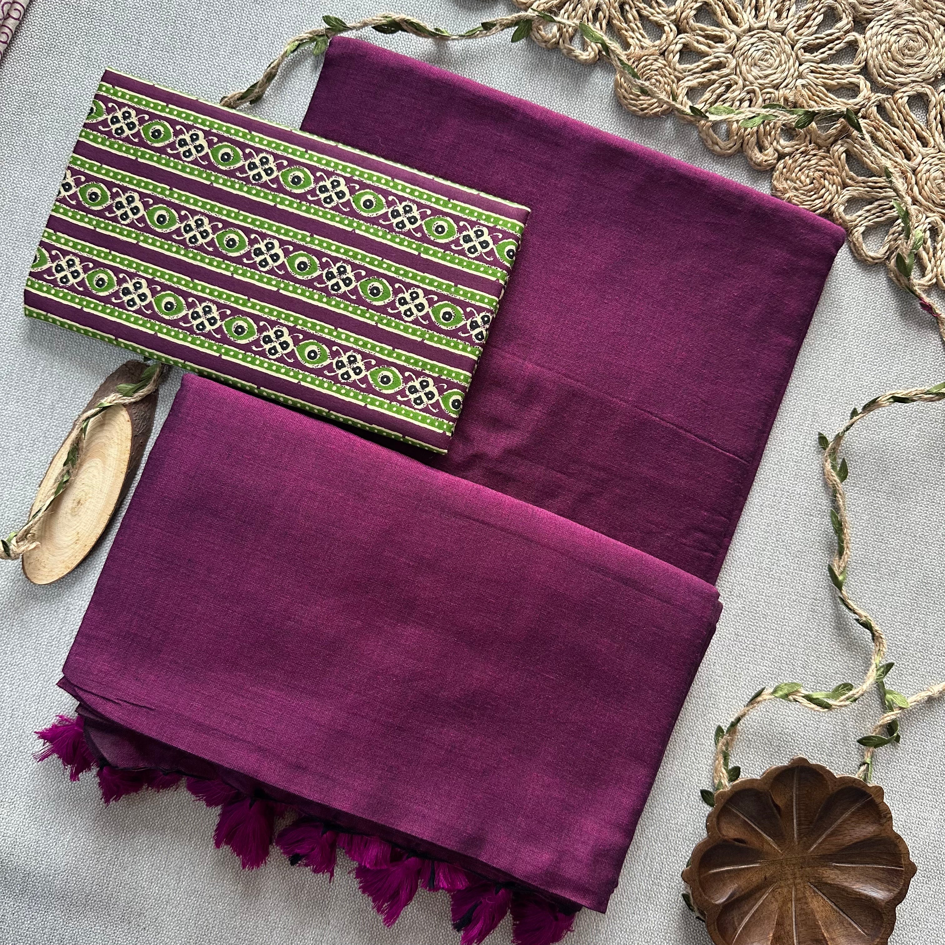 Dark Wine Handloom Khadi Cotton Saree With Laheriya Print Blouse