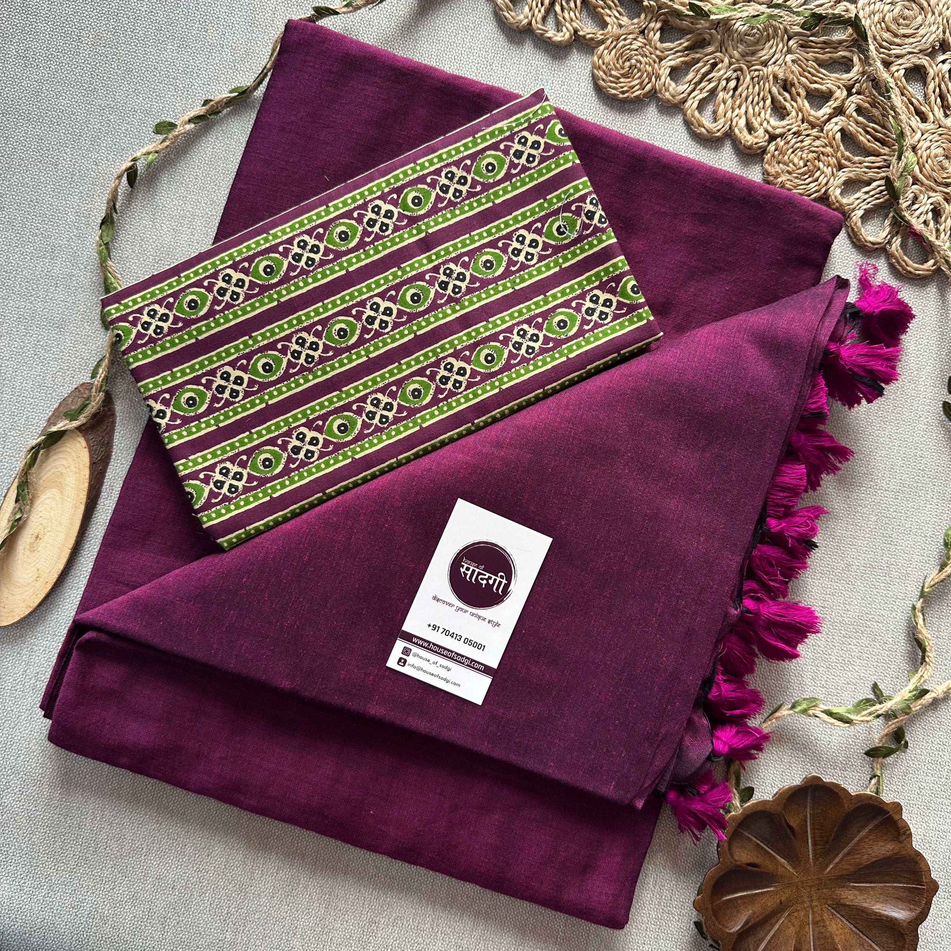 Dark Wine Handloom Khadi Cotton Saree With Laheriya Print Blouse