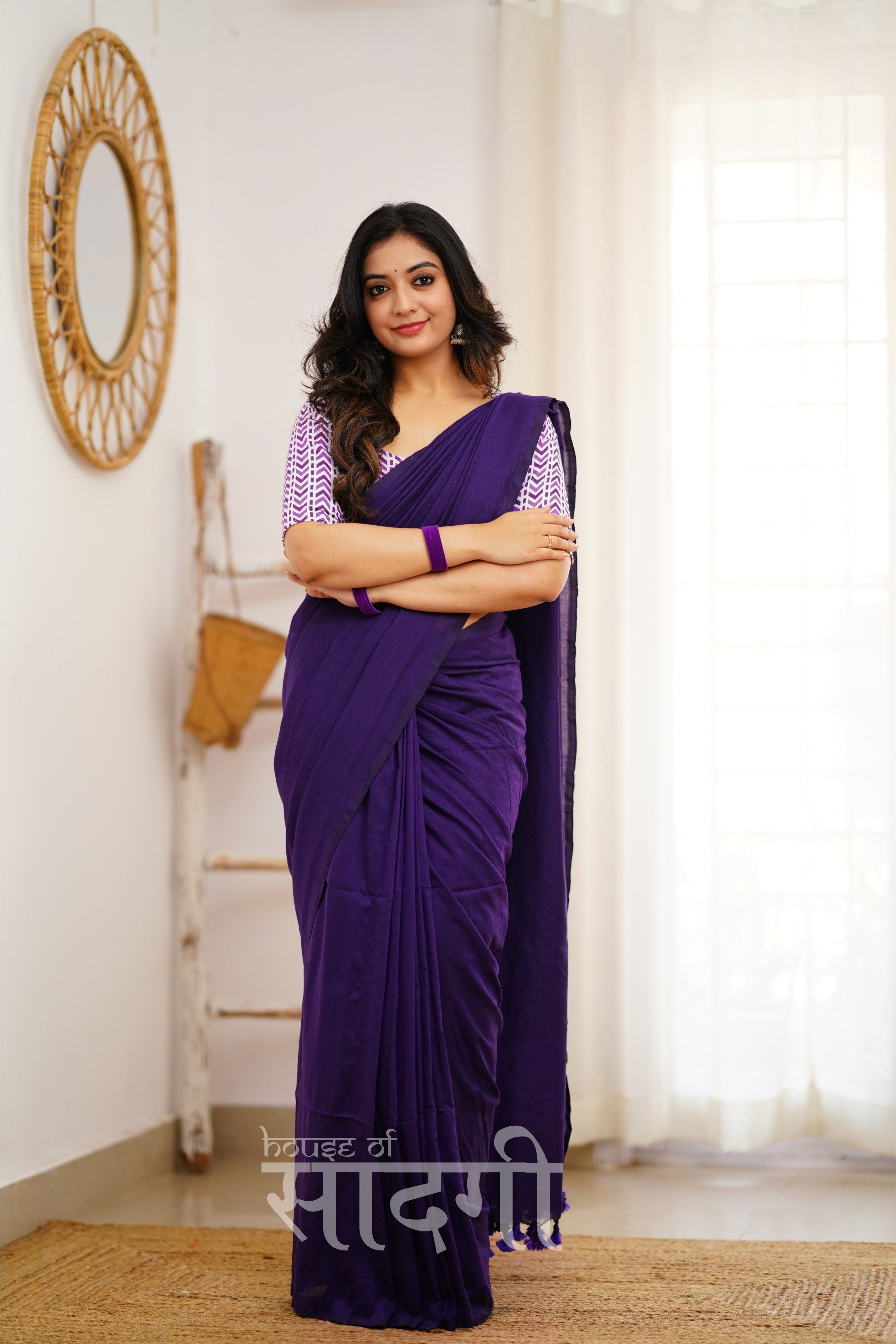 Purple Handloom Khadi Cotton Saree With White Print Blouse