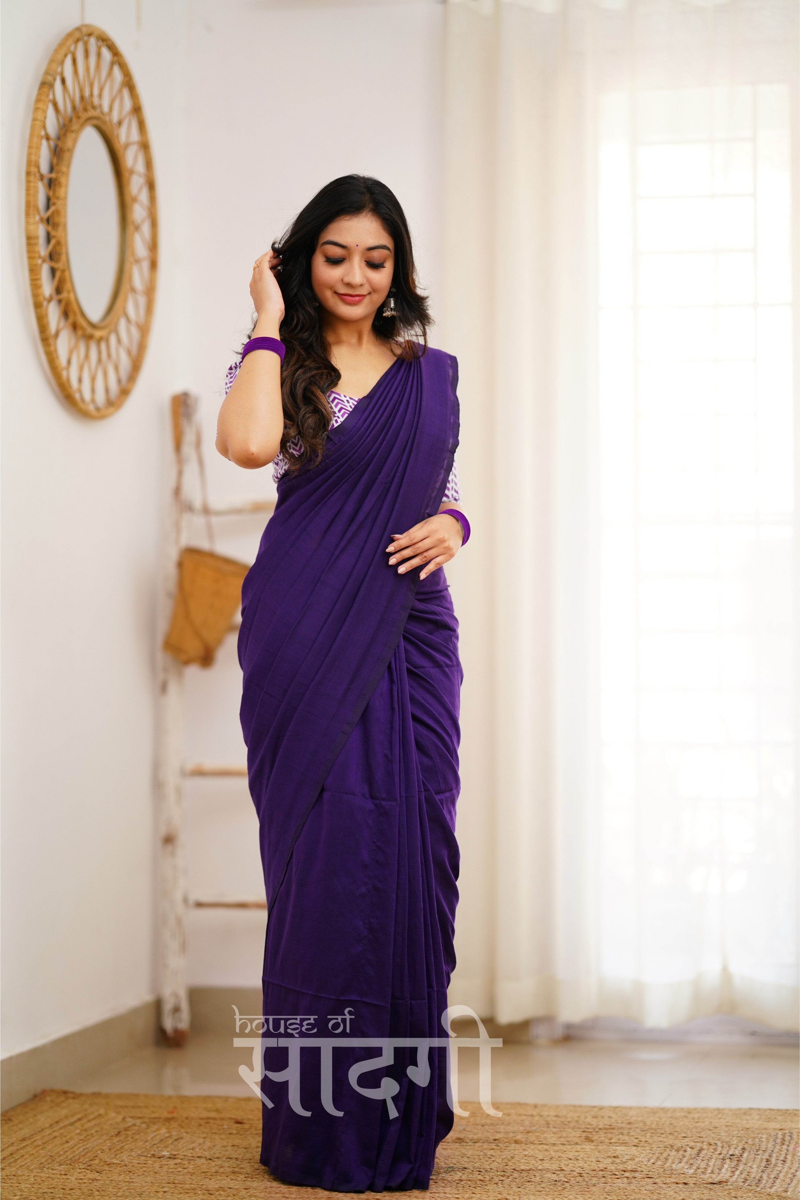 Purple Handloom Khadi Cotton Saree With White Print Blouse