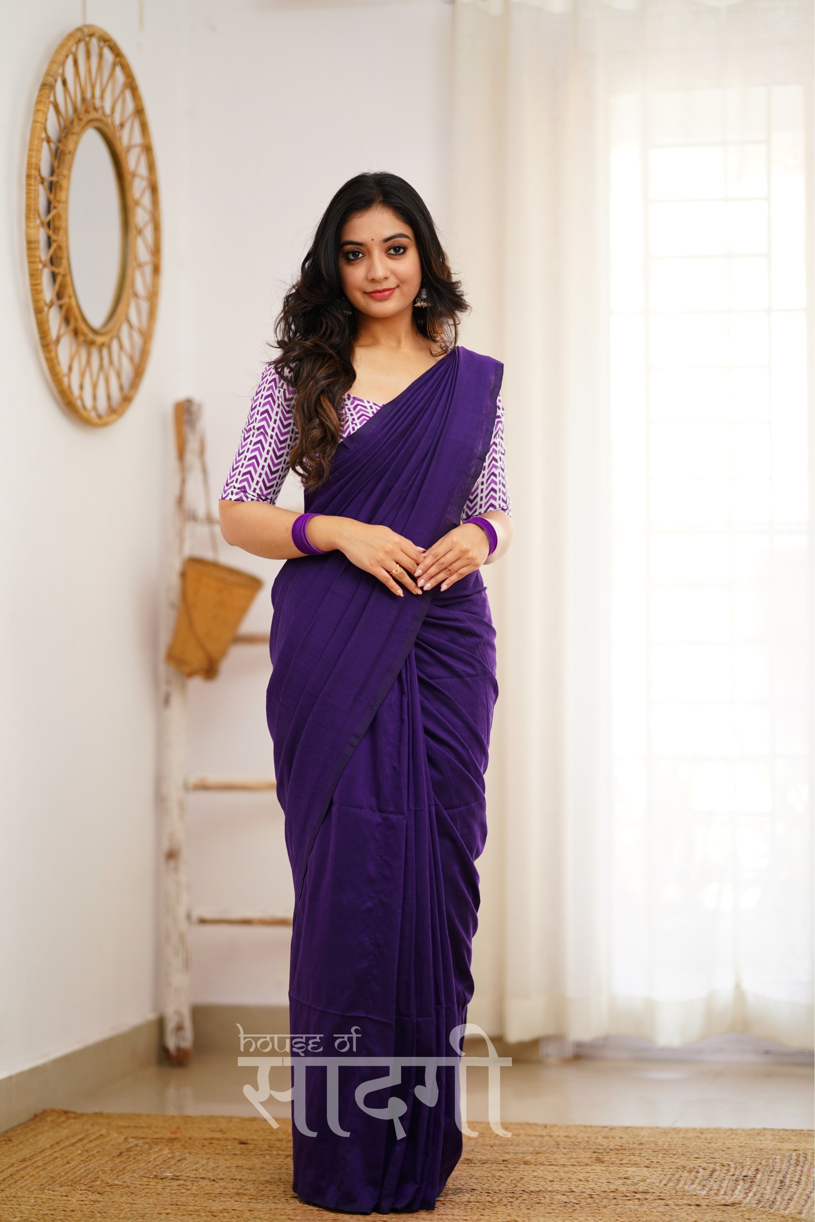 Purple Handloom Khadi Cotton Saree With White Print Blouse