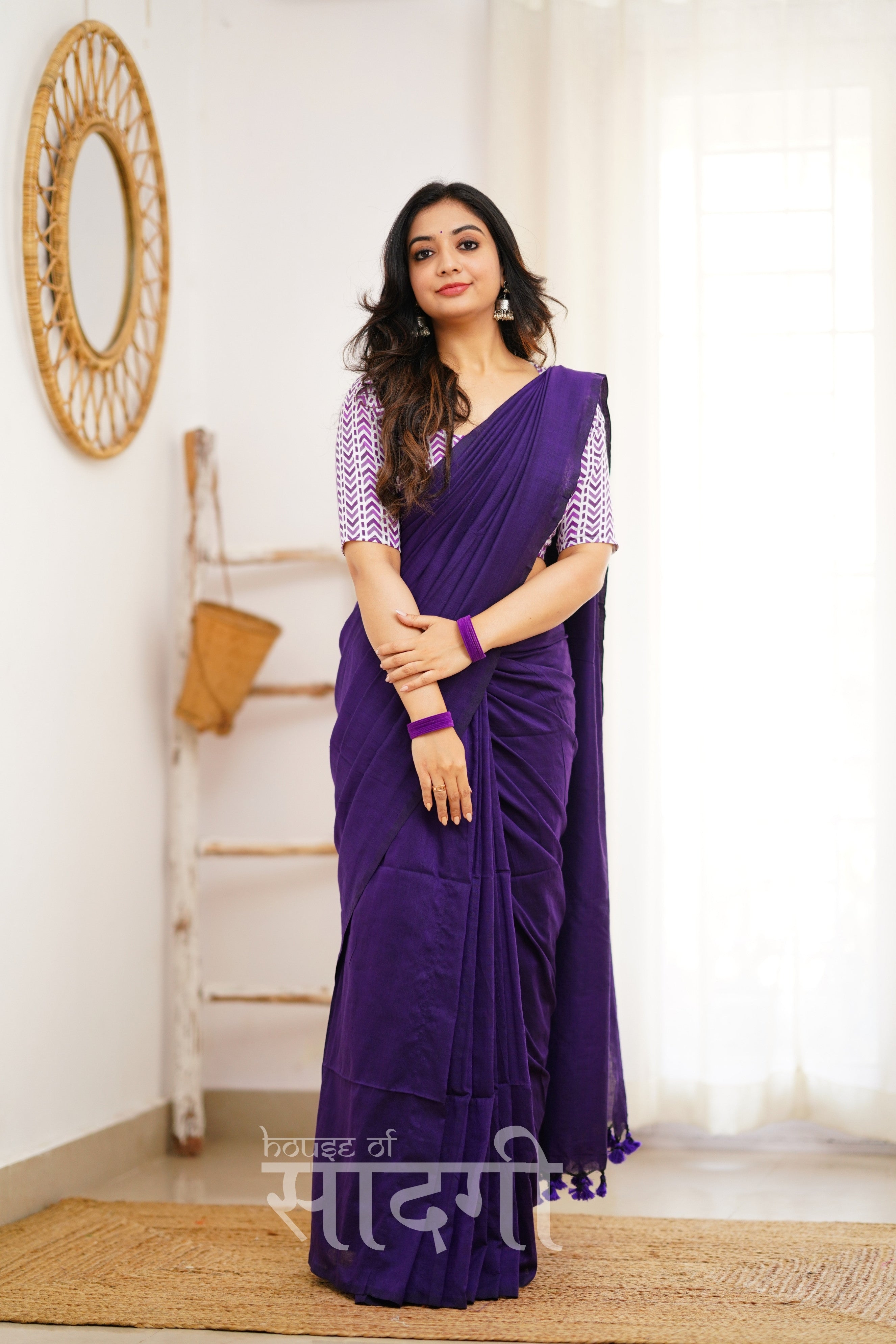 Purple Handloom Khadi Cotton Saree With White Print Blouse