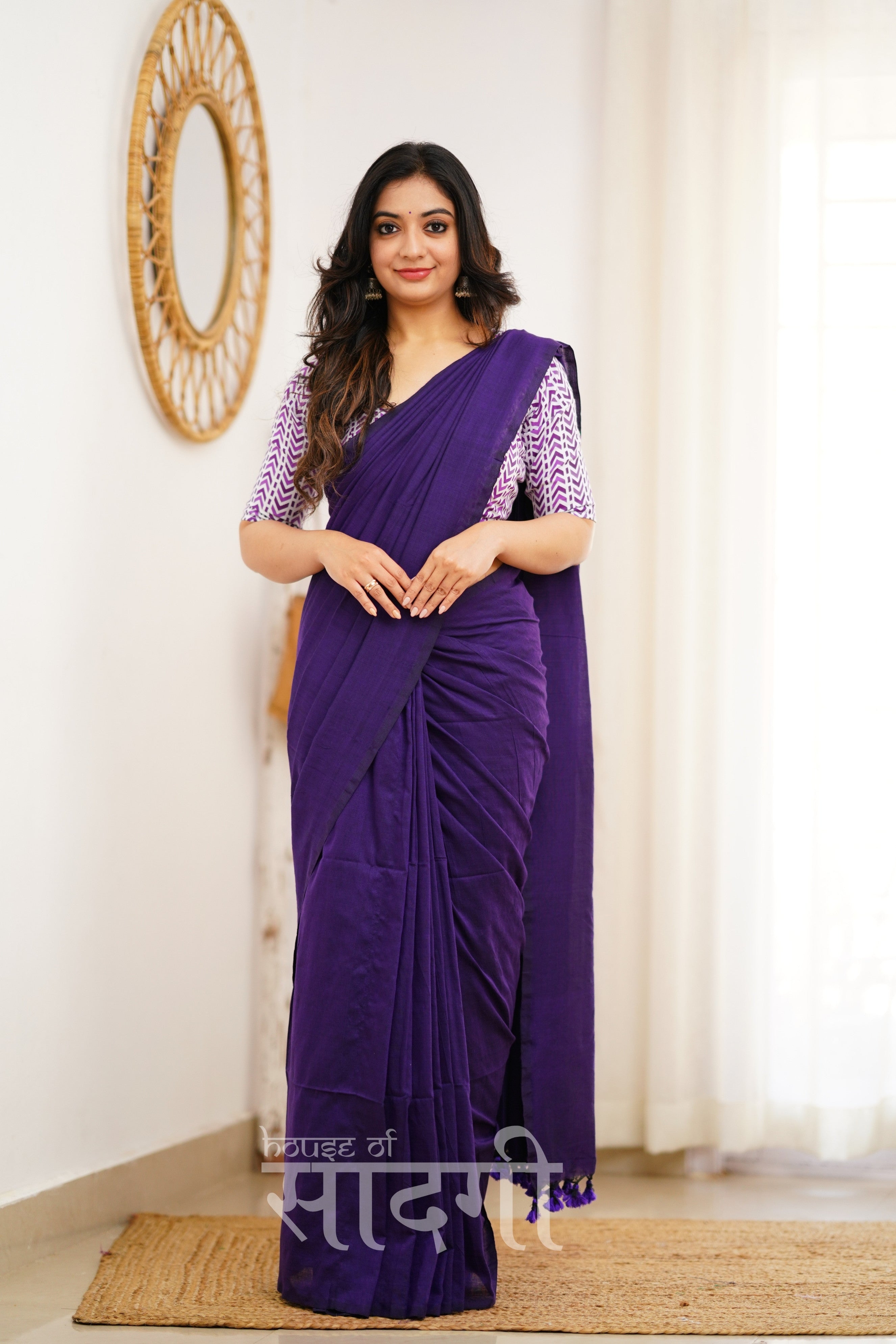 Purple Handloom Khadi Cotton Saree With White Print Blouse