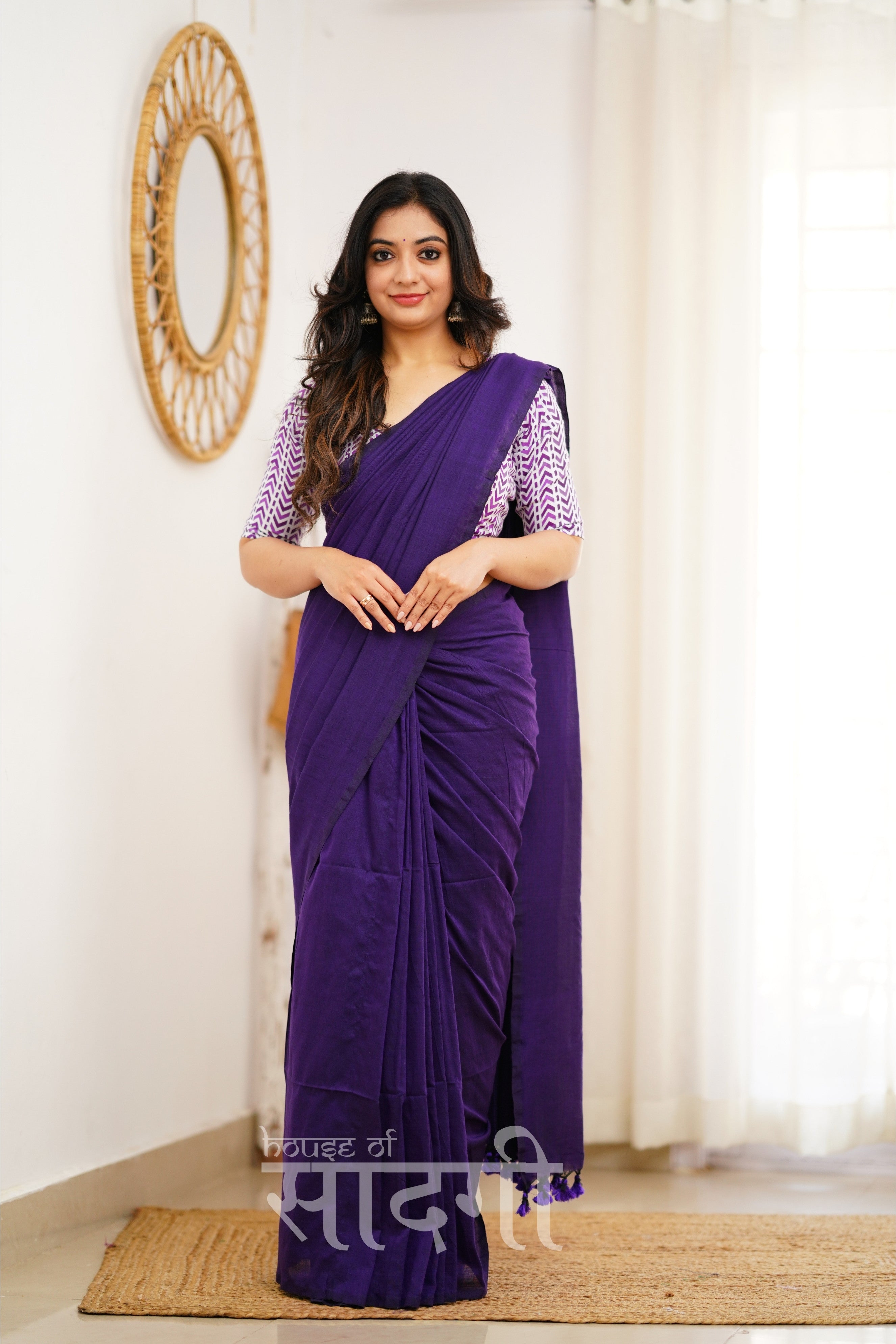 Purple Handloom Khadi Cotton Saree With White Print Blouse