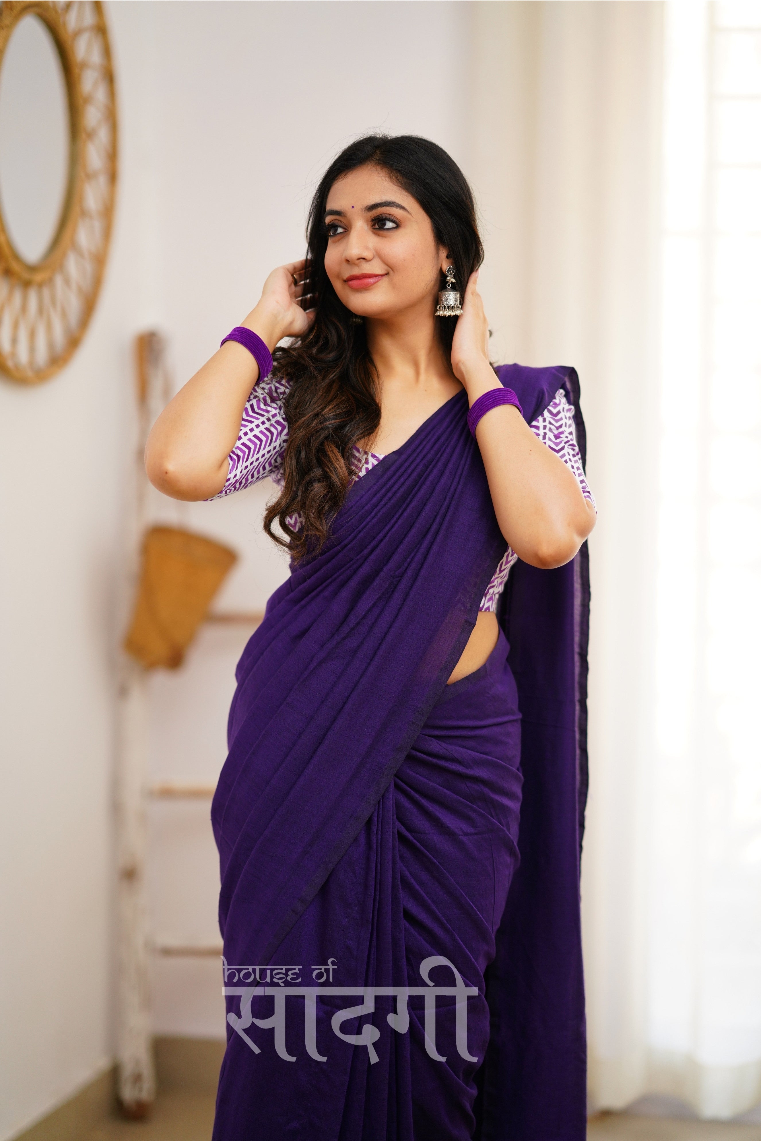 Purple Handloom Khadi Cotton Saree With White Print Blouse