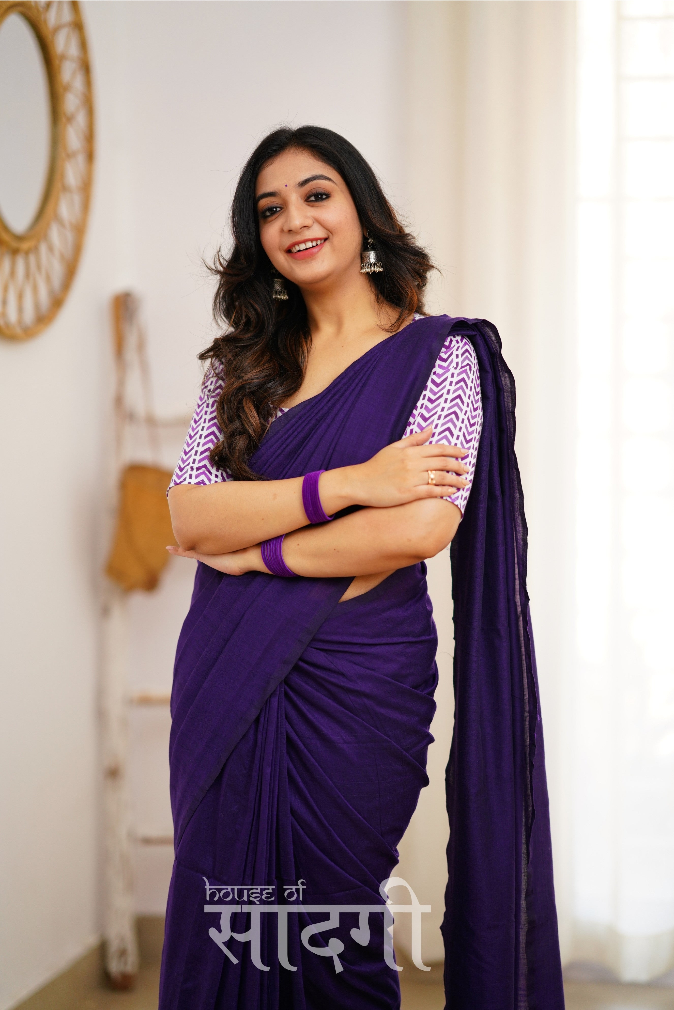 Purple Handloom Khadi Cotton Saree With White Print Blouse