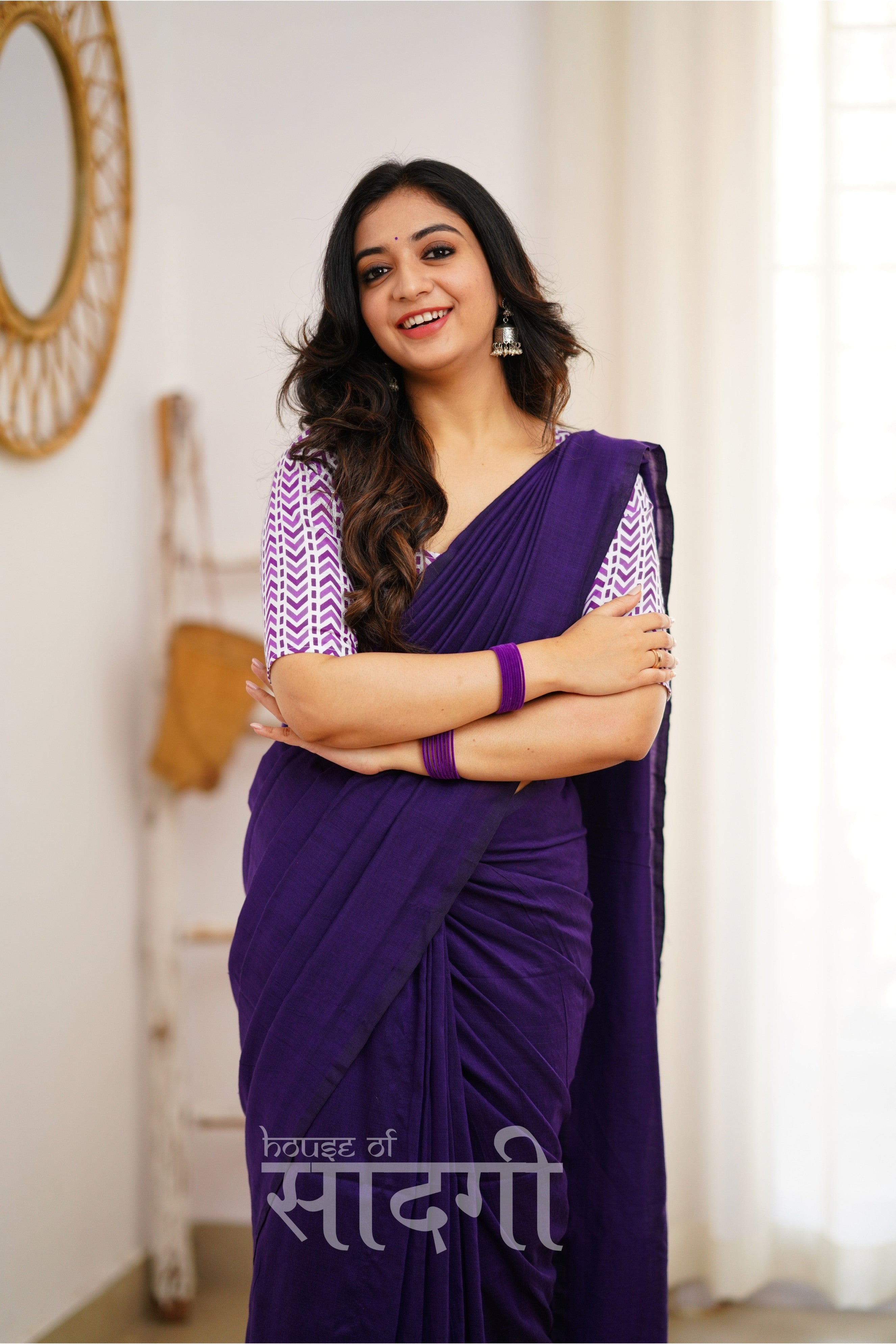 Purple Handloom Khadi Cotton Saree With White Print Blouse