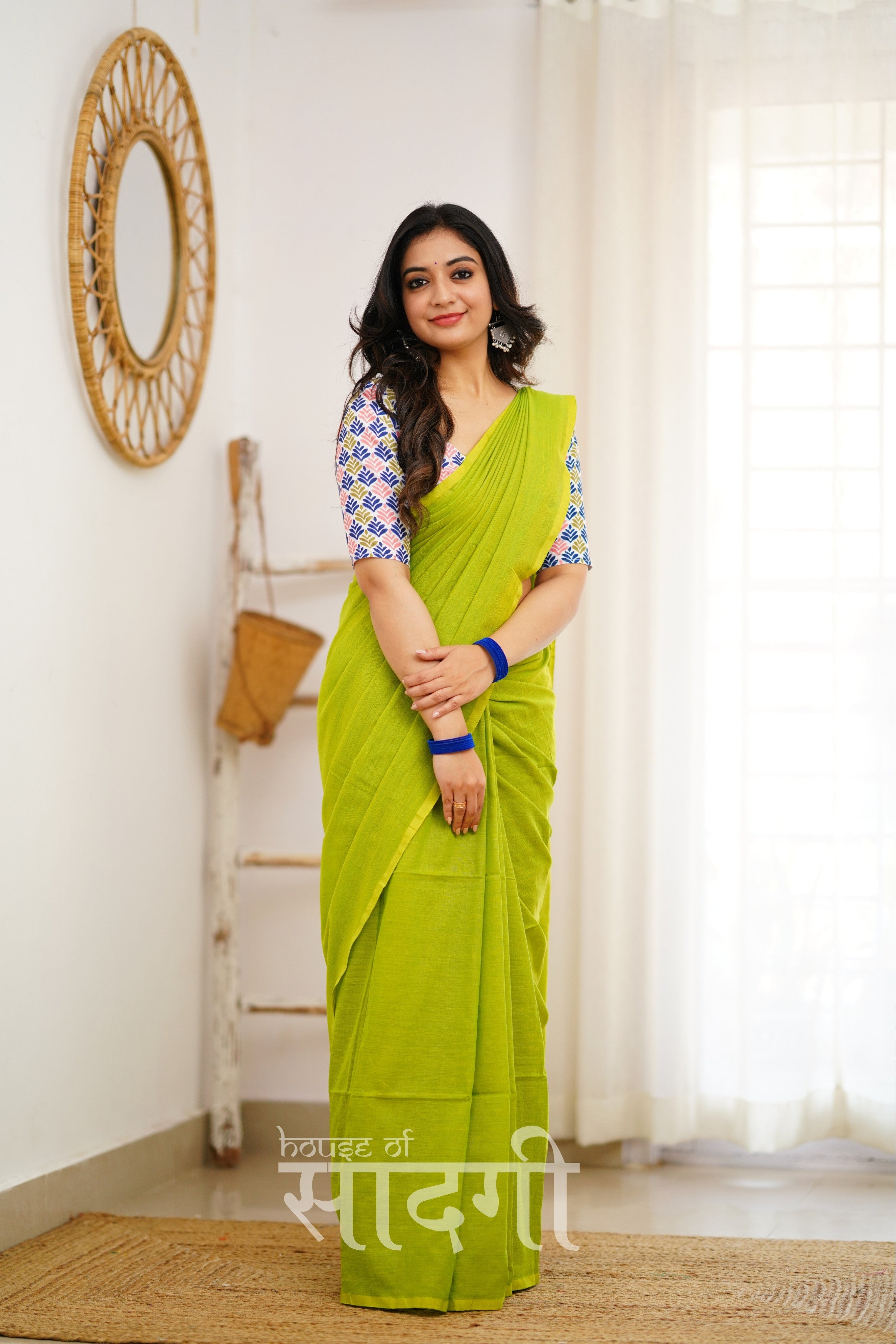 Parrot Green Handloom Khadi Cotton Saree With Multi Color Print Blouse