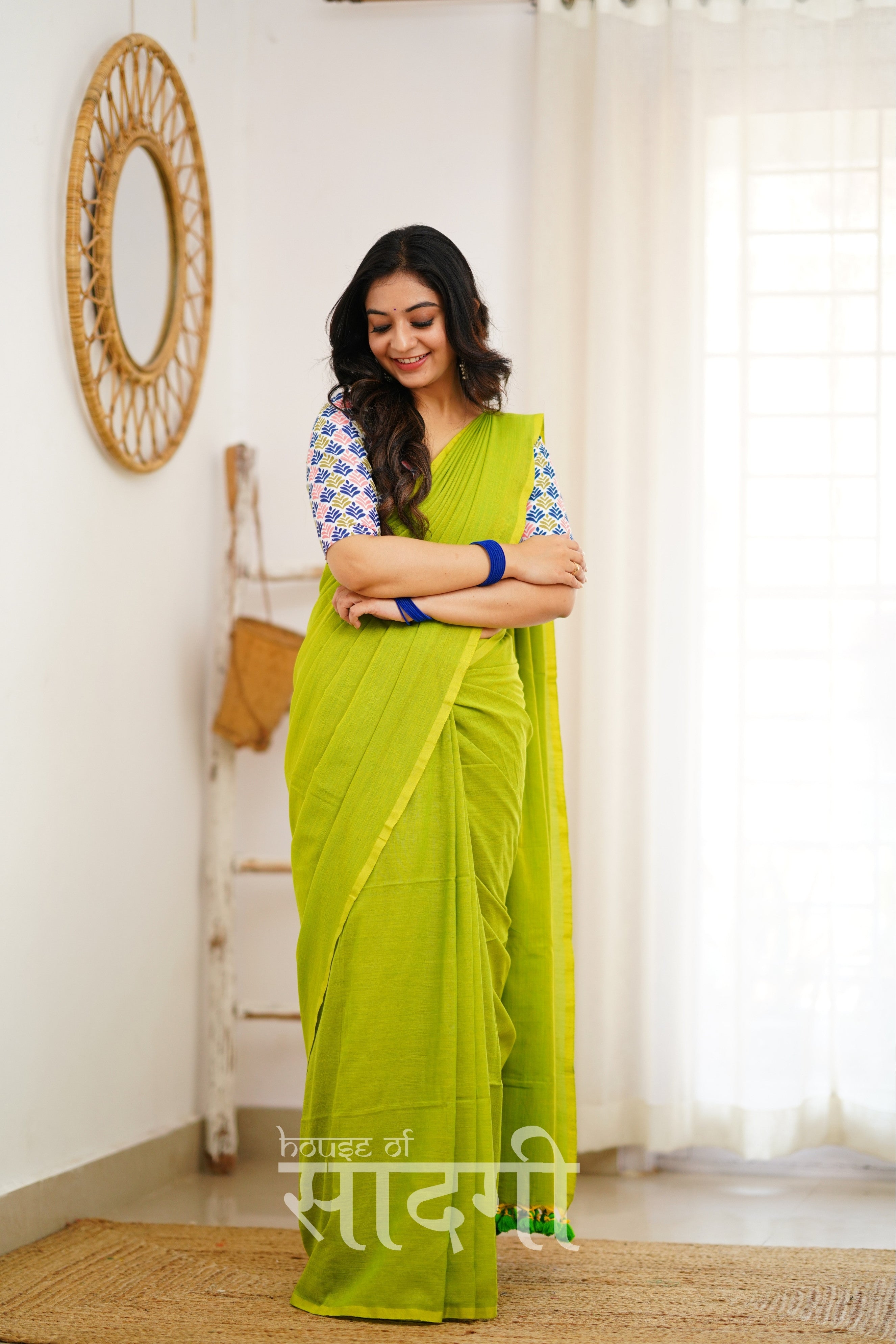 Parrot Green Handloom Khadi Cotton Saree With Multi Color Print Blouse