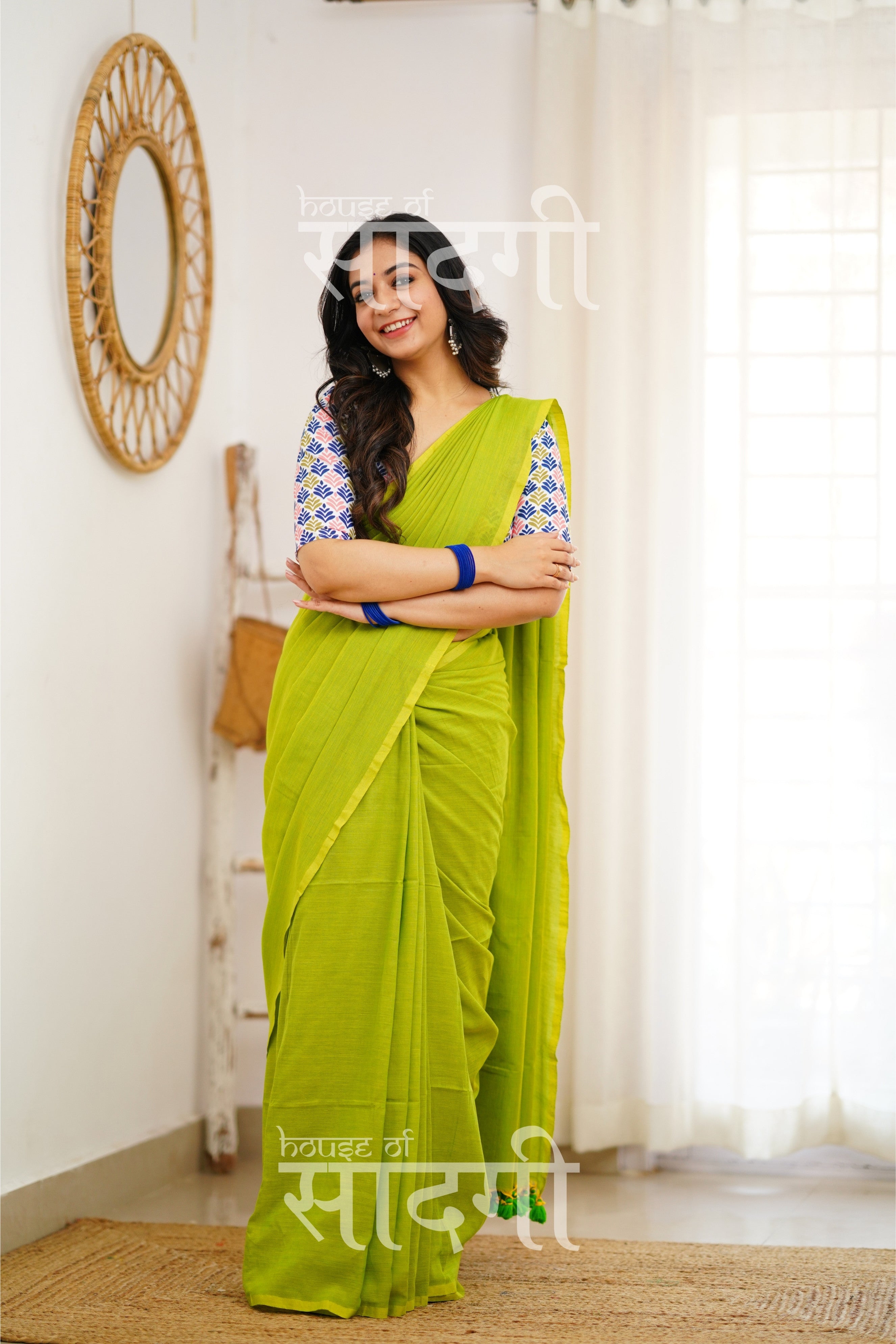 Parrot Green Handloom Khadi Cotton Saree With Multi Color Print Blouse