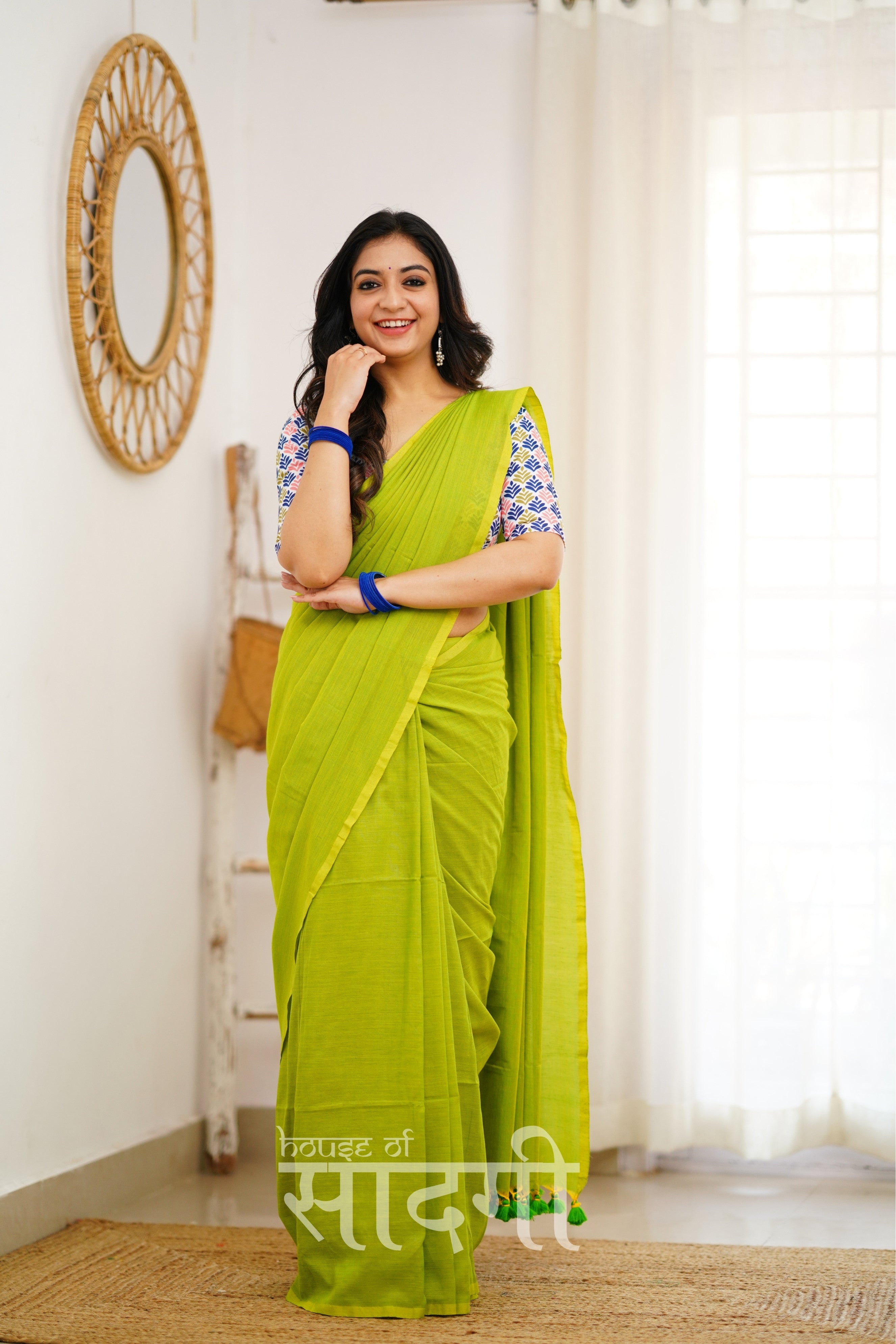 Parrot Green Handloom Khadi Cotton Saree With Multi Color Print Blouse