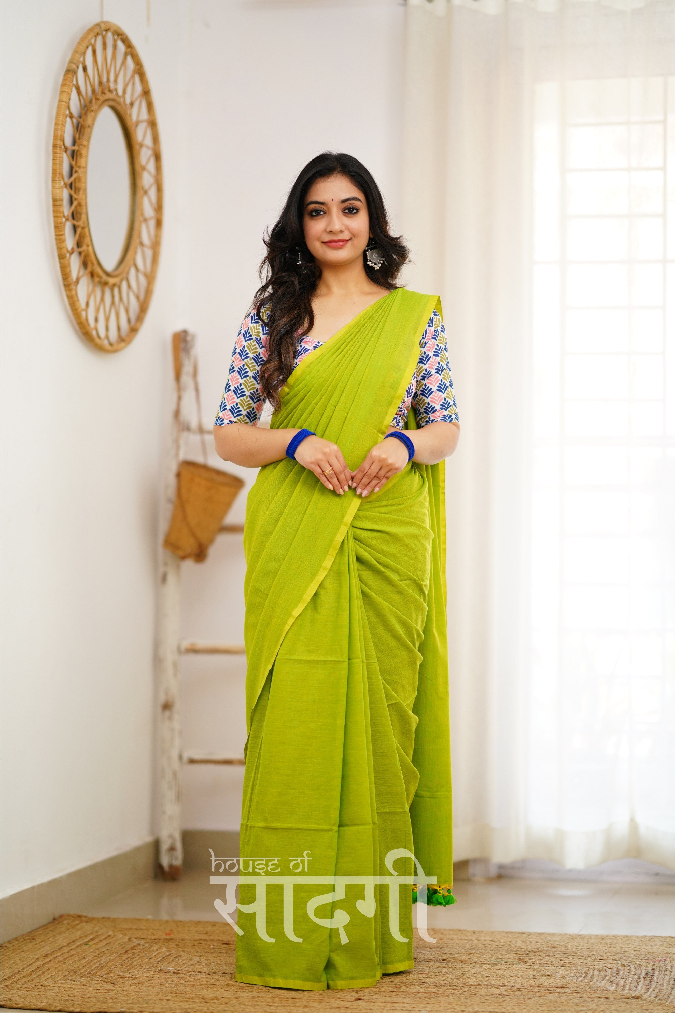 Parrot Green Handloom Khadi Cotton Saree With Multi Color Print Blouse