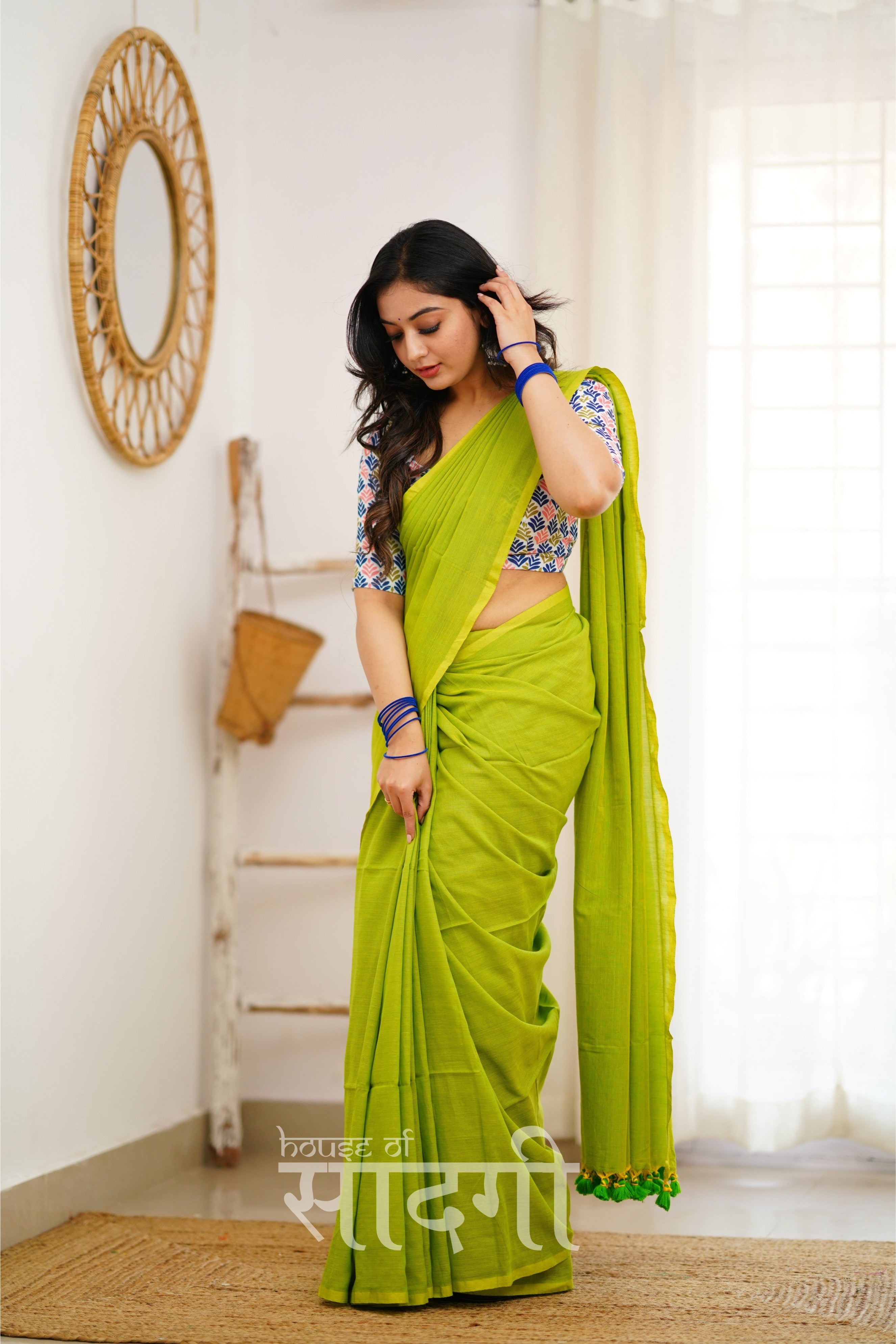 Parrot Green Handloom Khadi Cotton Saree With Multi Color Print Blouse