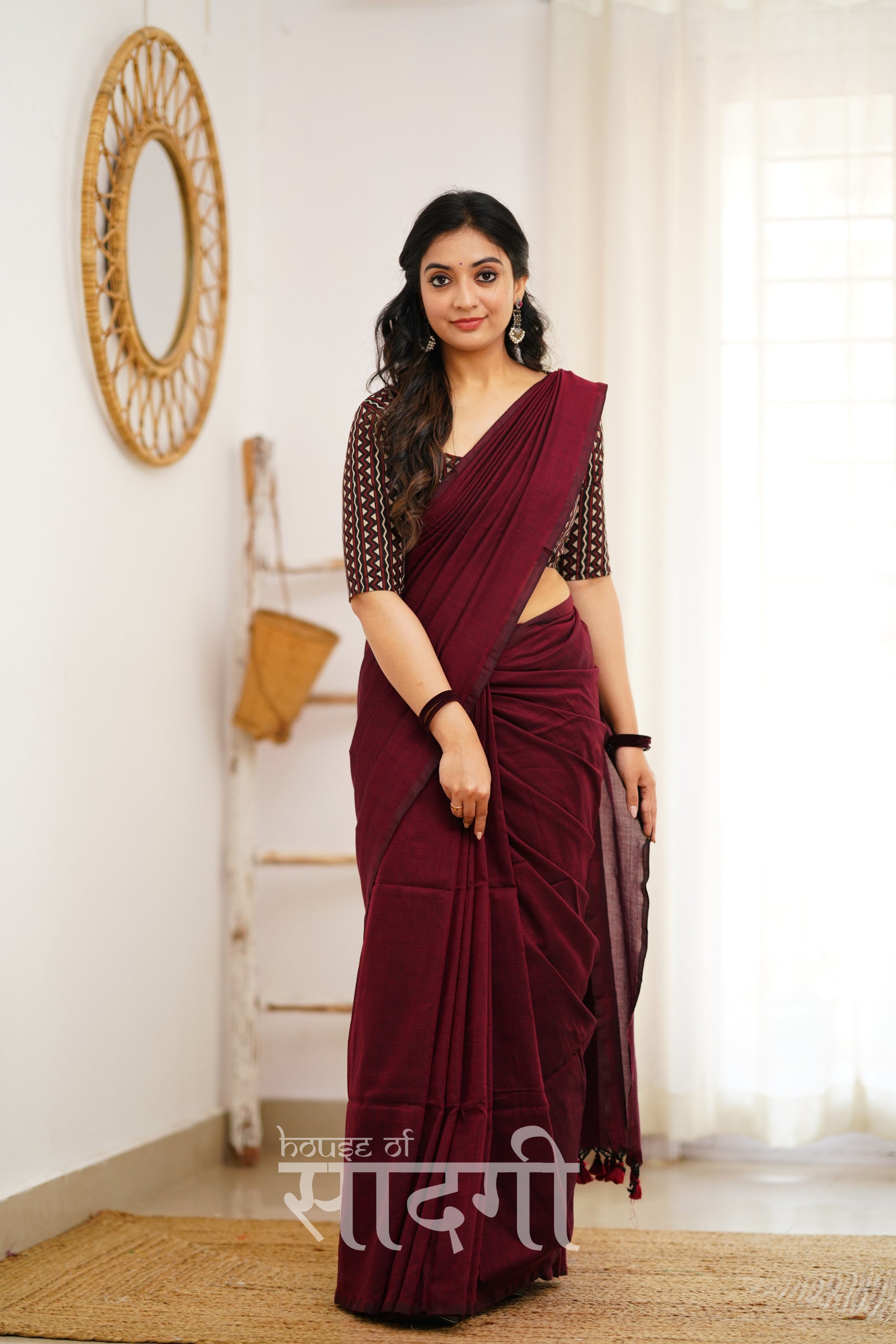 Maroon Handloom Khadi Cotton Saree With Tringle Print Blouse