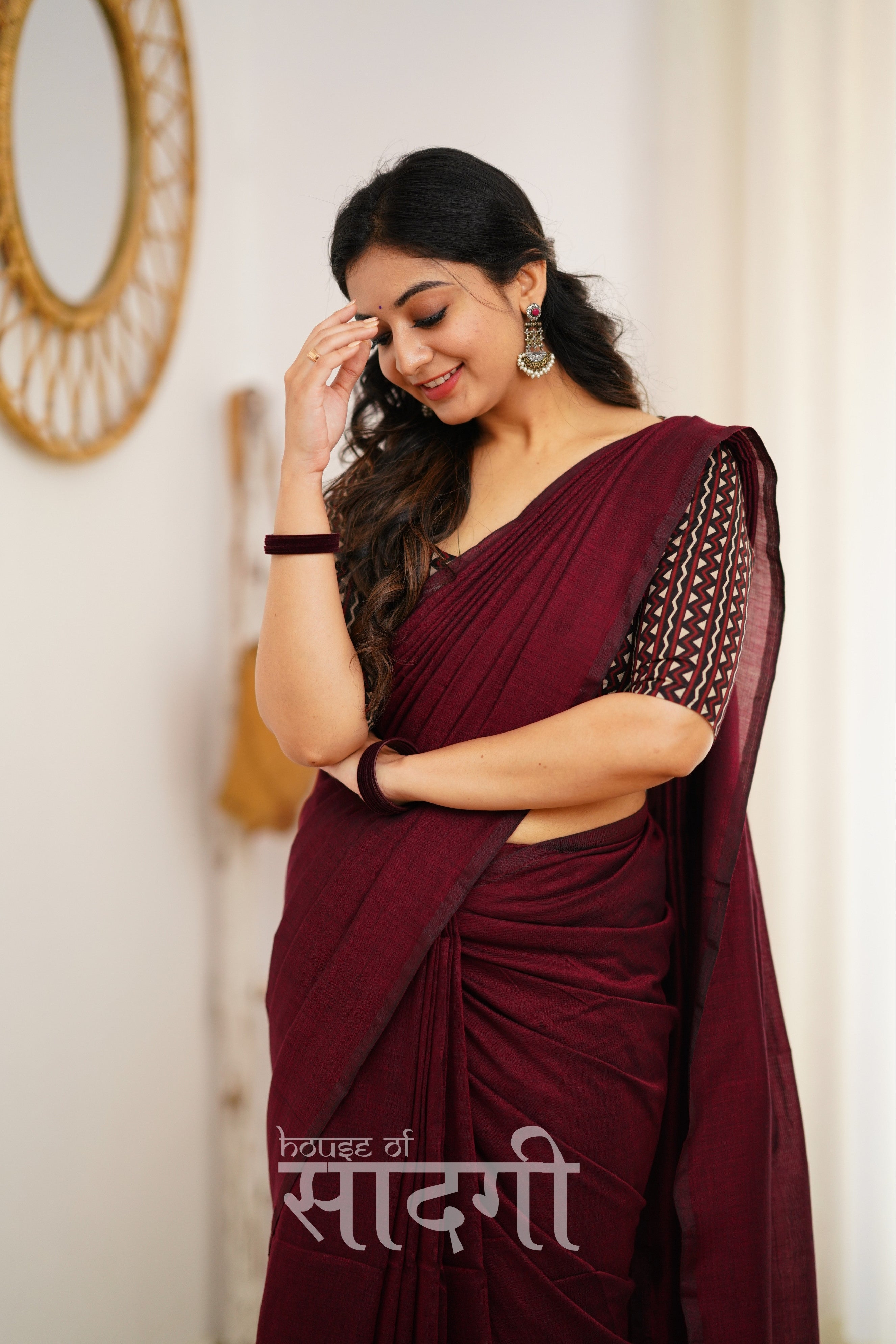 Maroon Handloom Khadi Cotton Saree With Tringle Print Blouse