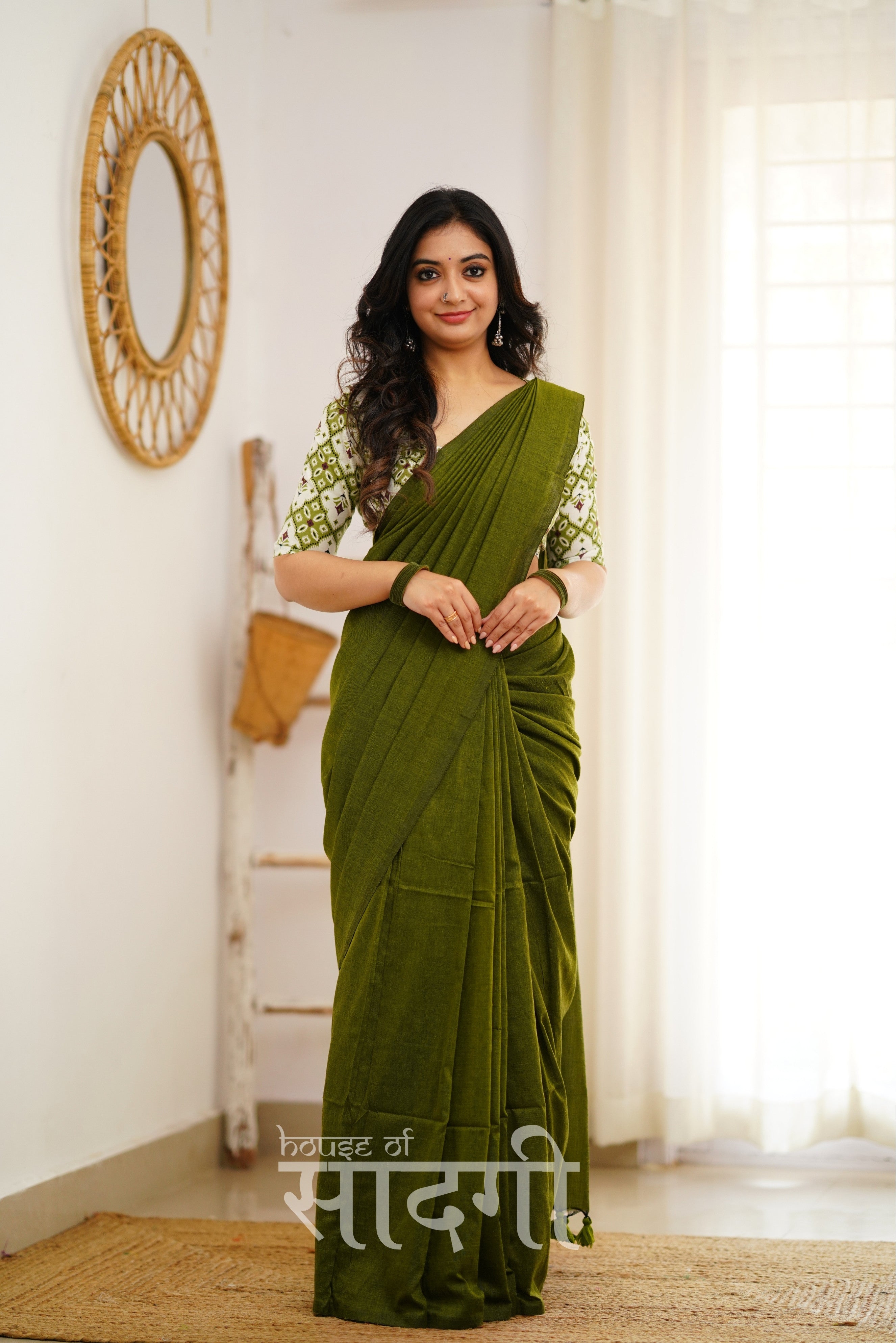 Mehndi Green Handloom Khadi Cotton Saree With Designer Print Blouse