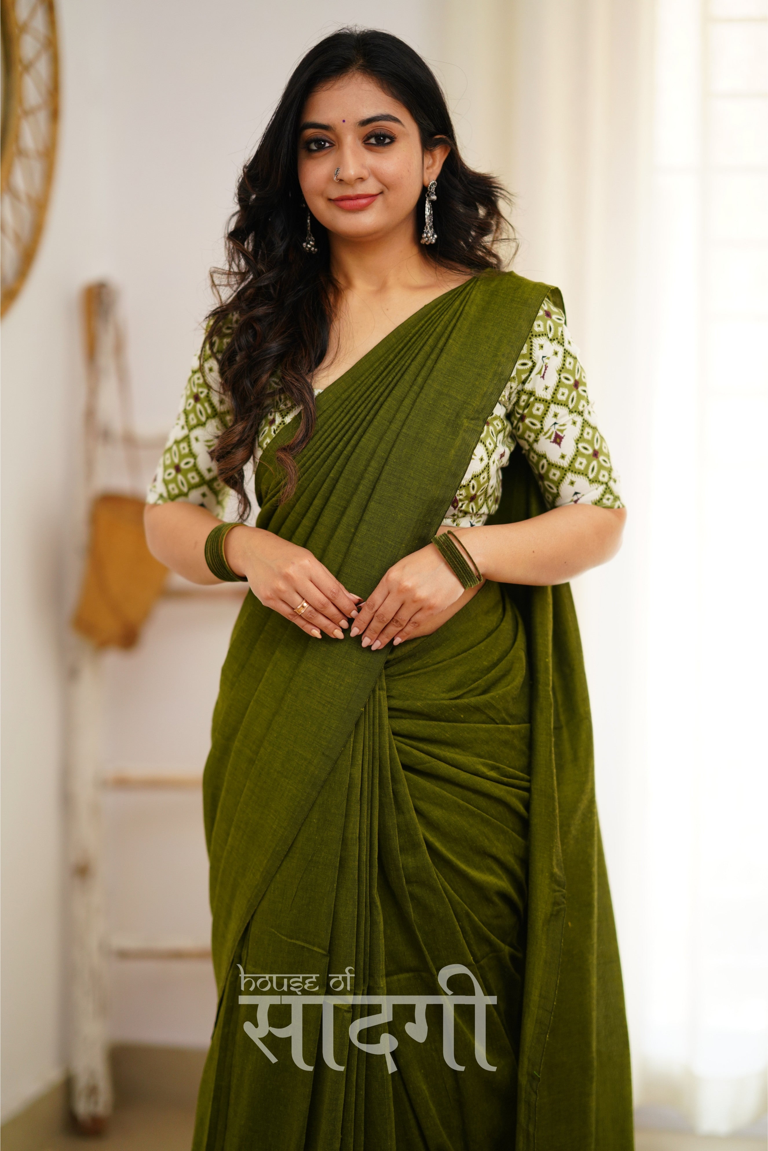 Mehndi Green Handloom Khadi Cotton Saree With Designer Print Blouse