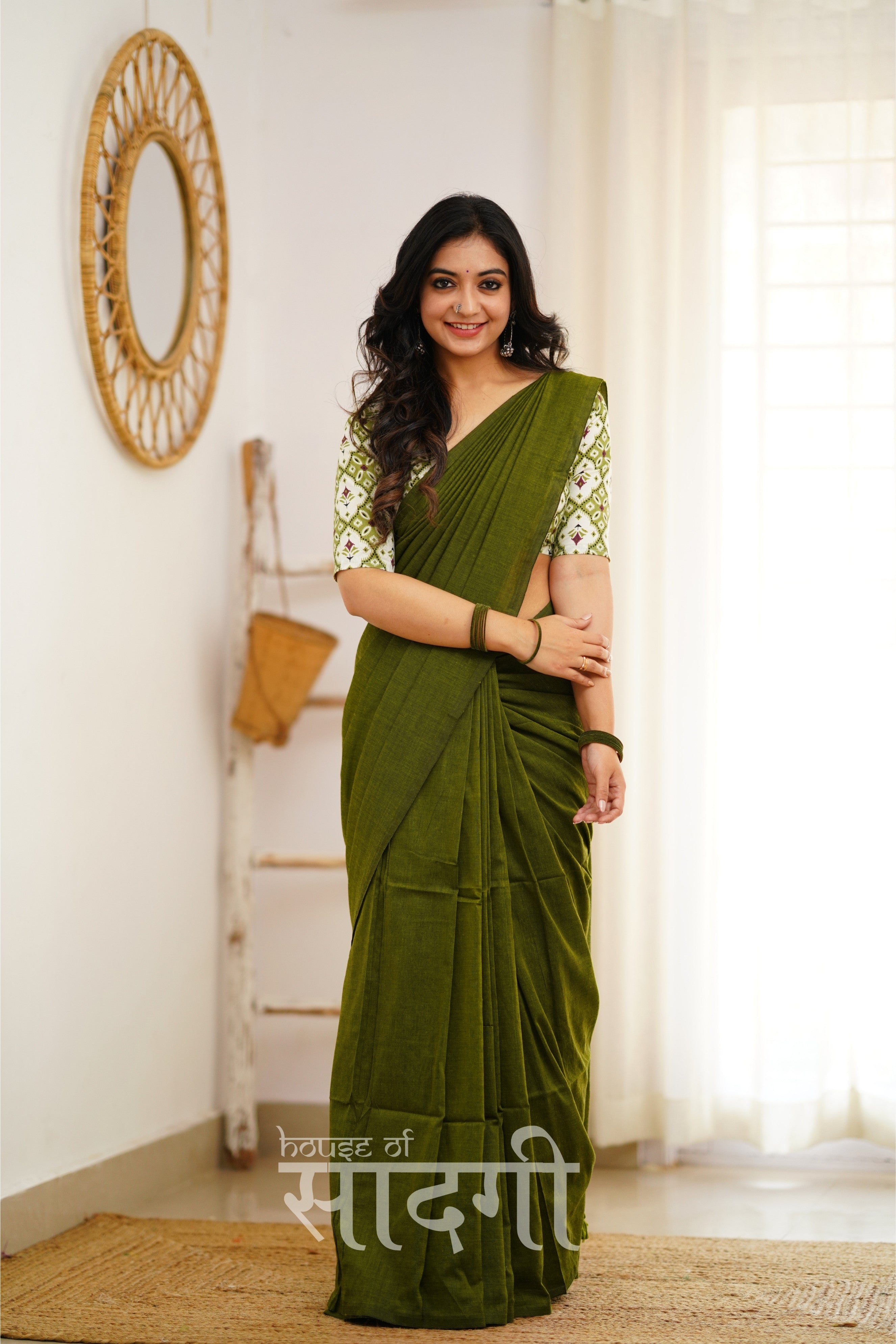 Mehndi Green Handloom Khadi Cotton Saree With Designer Print Blouse