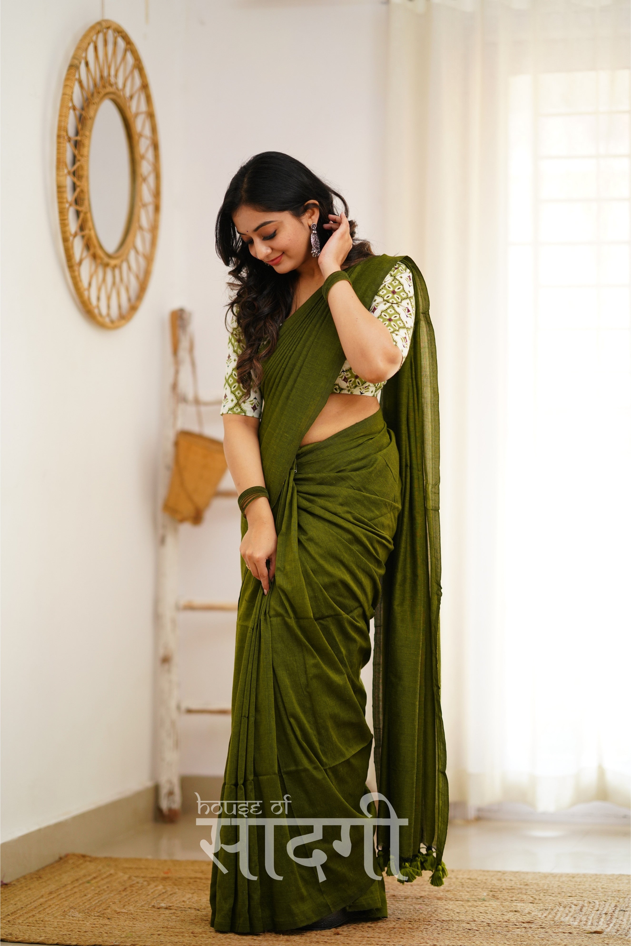 Mehndi Green Handloom Khadi Cotton Saree With Designer Print Blouse