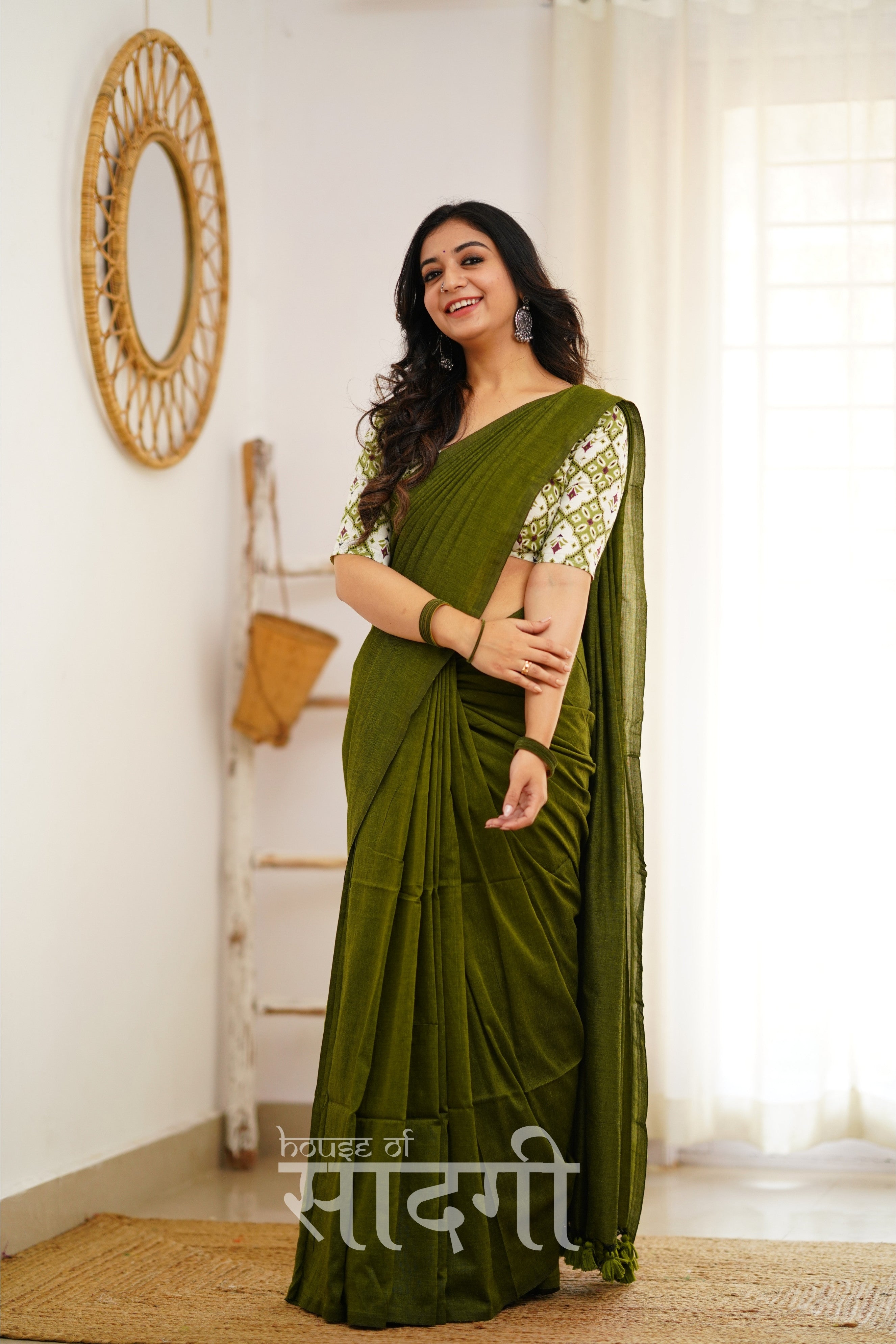 Mehndi Green Handloom Khadi Cotton Saree With Designer Print Blouse