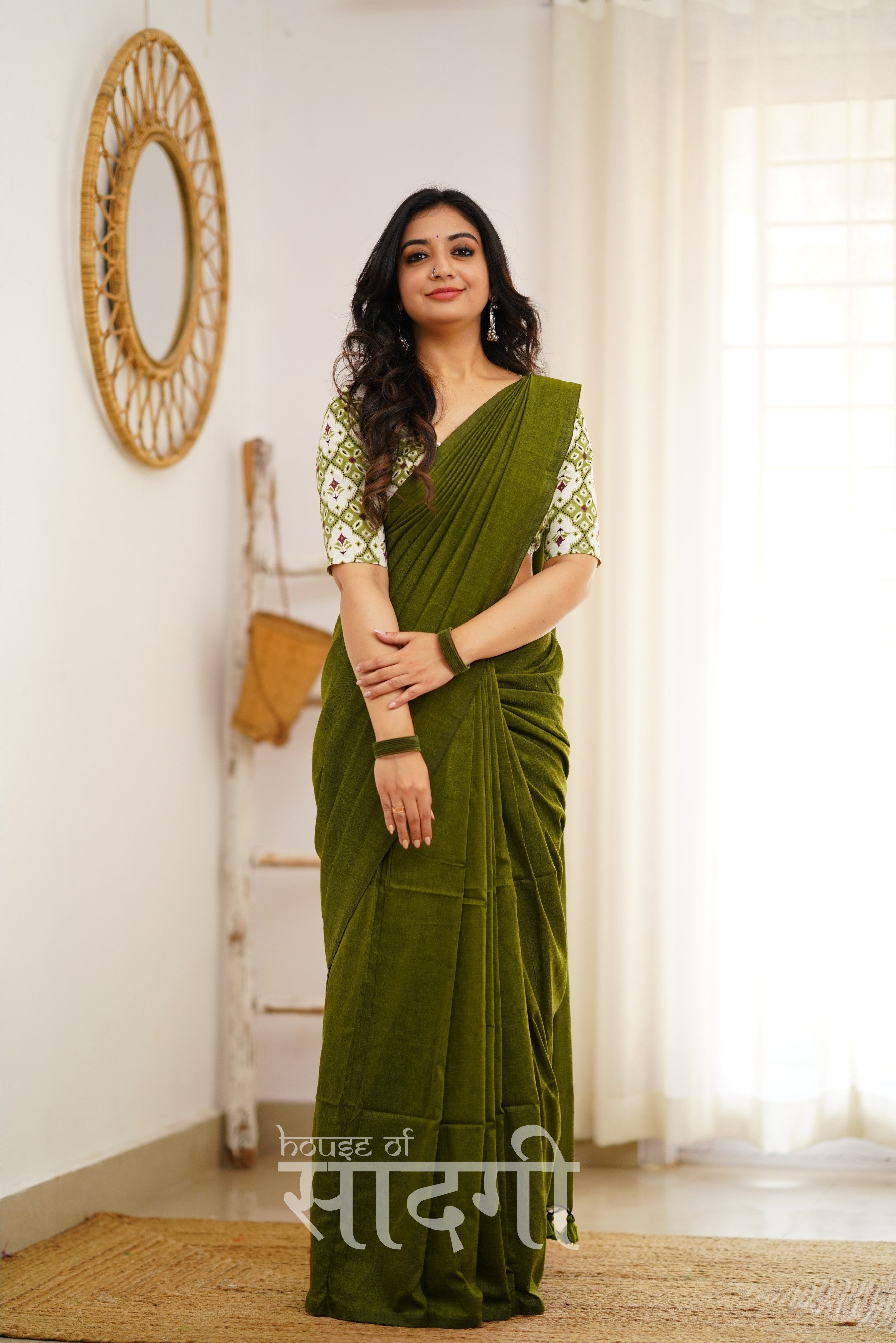 Mehndi Green Handloom Khadi Cotton Saree With Designer Print Blouse