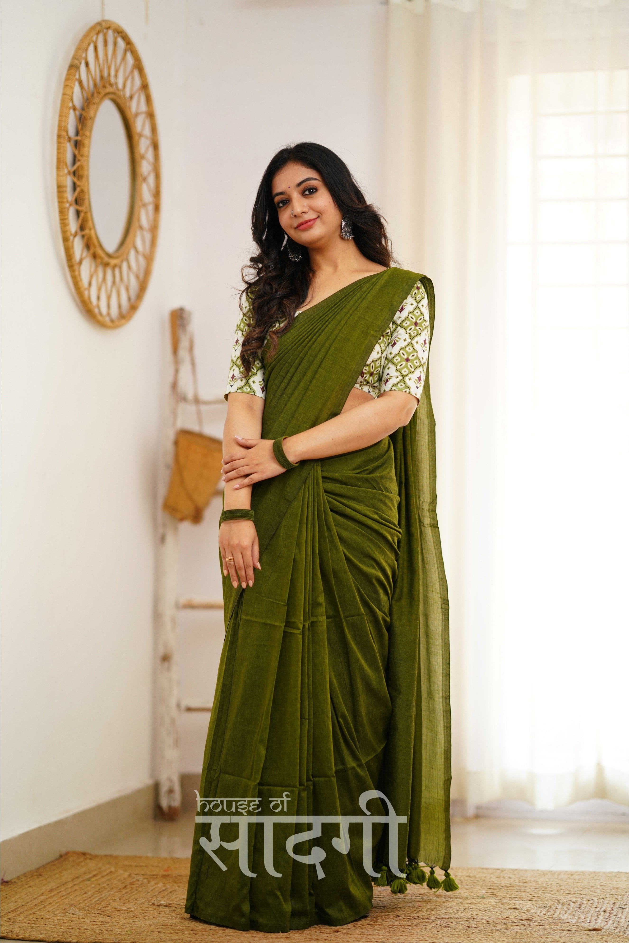 Mehndi Green Handloom Khadi Cotton Saree With Designer Print Blouse