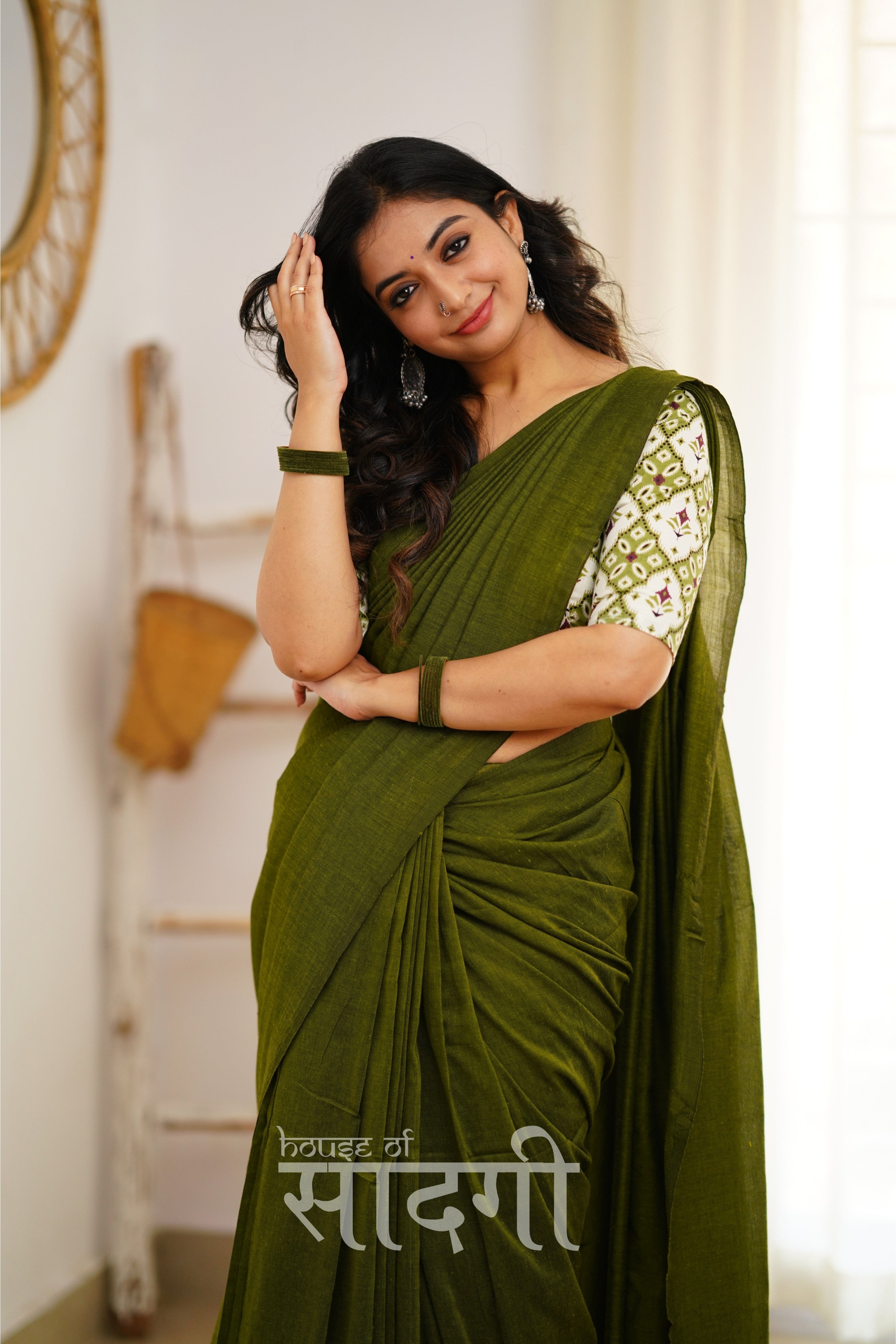 Mehndi Green Handloom Khadi Cotton Saree With Designer Print Blouse