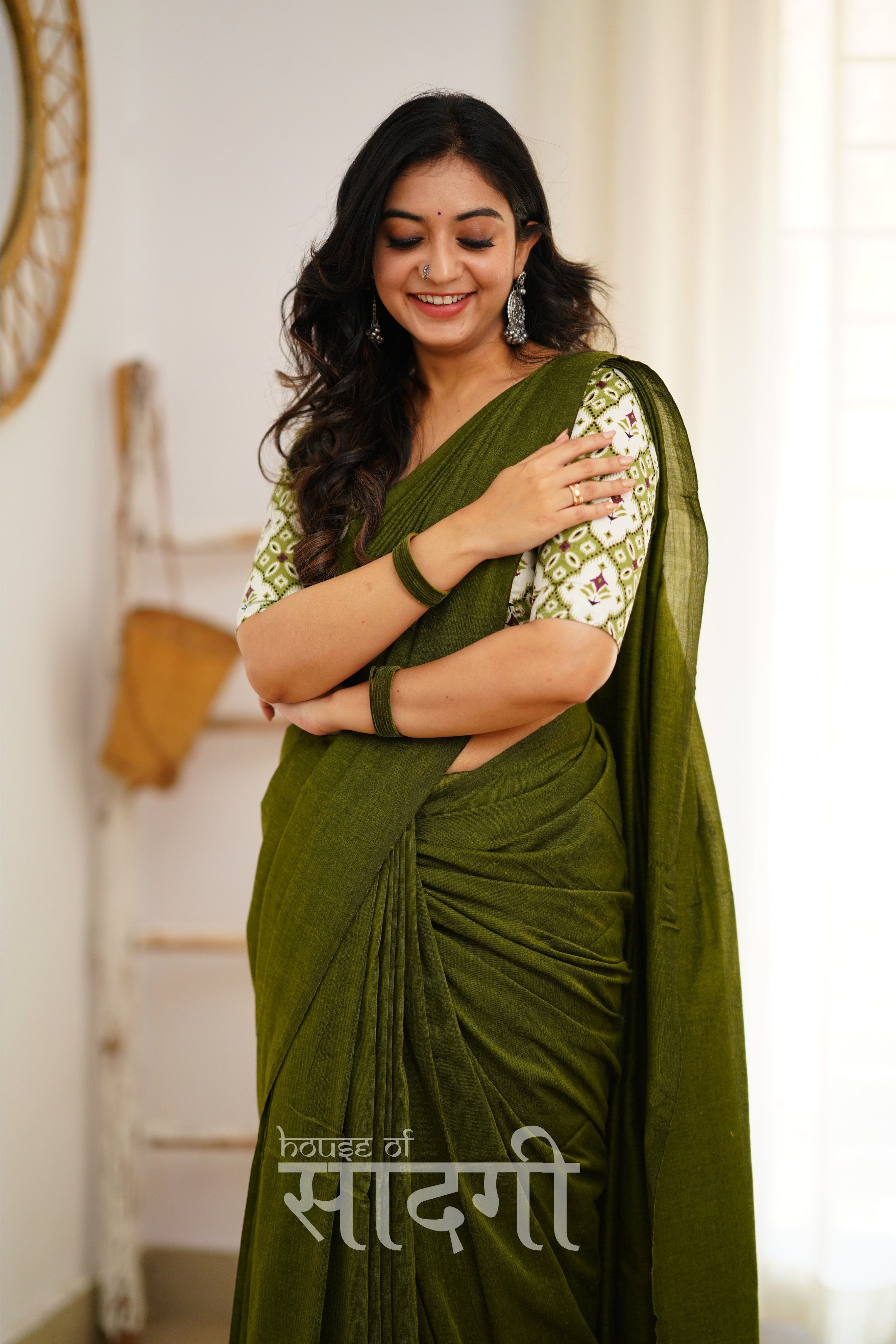 Mehndi Green Handloom Khadi Cotton Saree With Designer Print Blouse