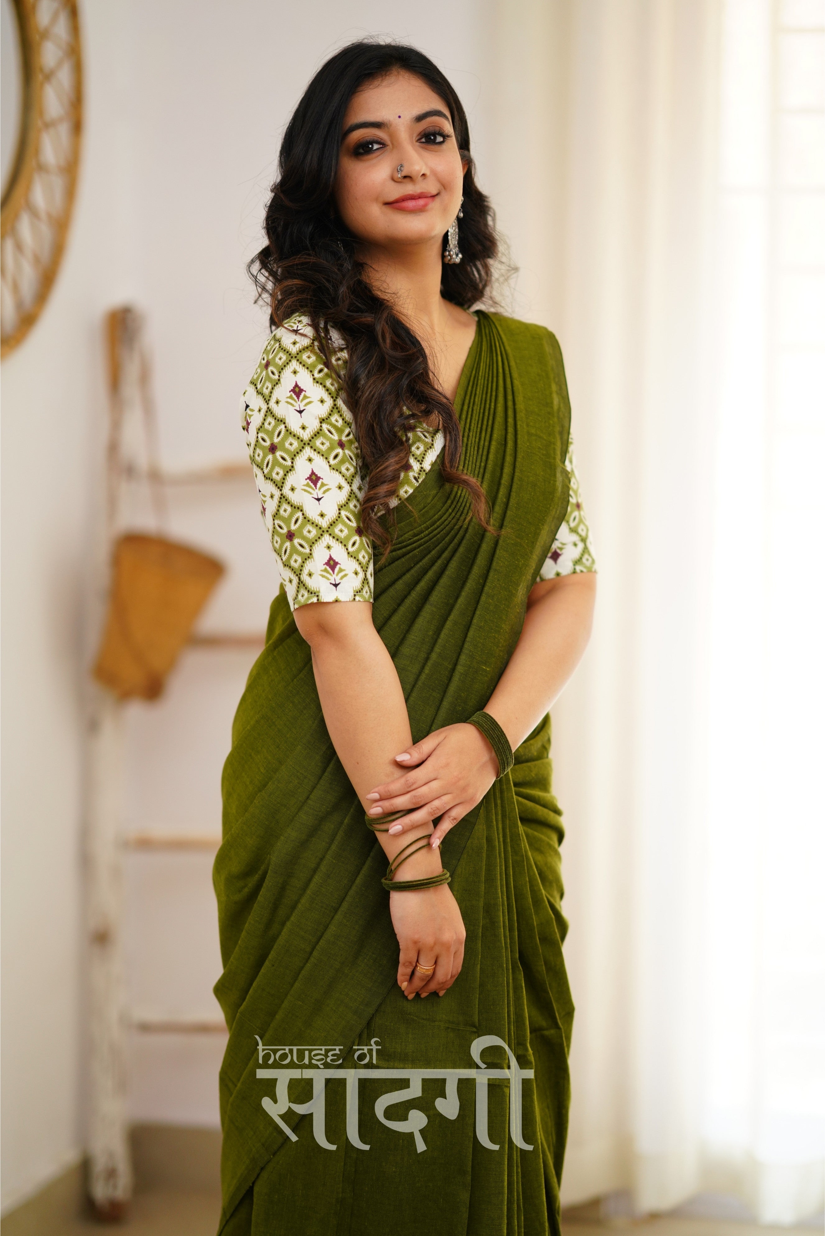 Mehndi Green Handloom Khadi Cotton Saree With Designer Print Blouse