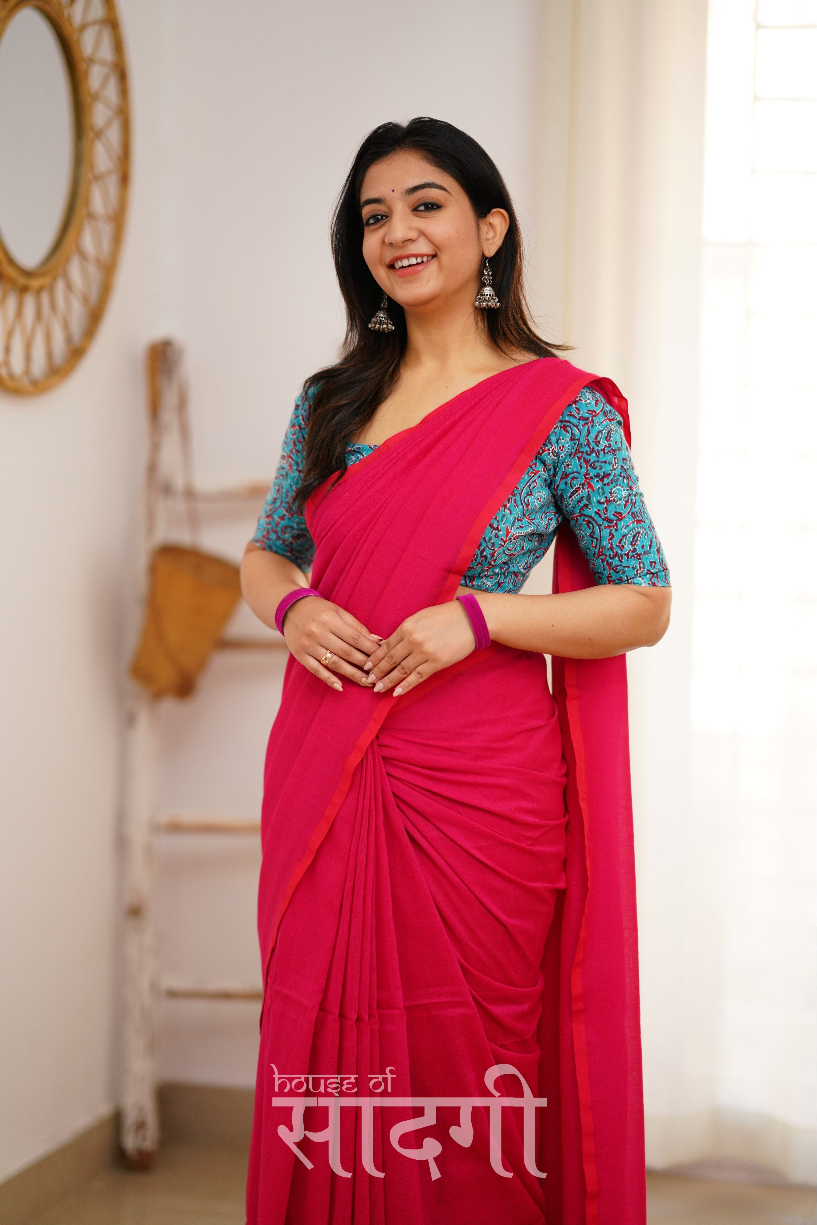 Pink Handloom Khadi Cotton Saree With Sky Blue Print Blouse