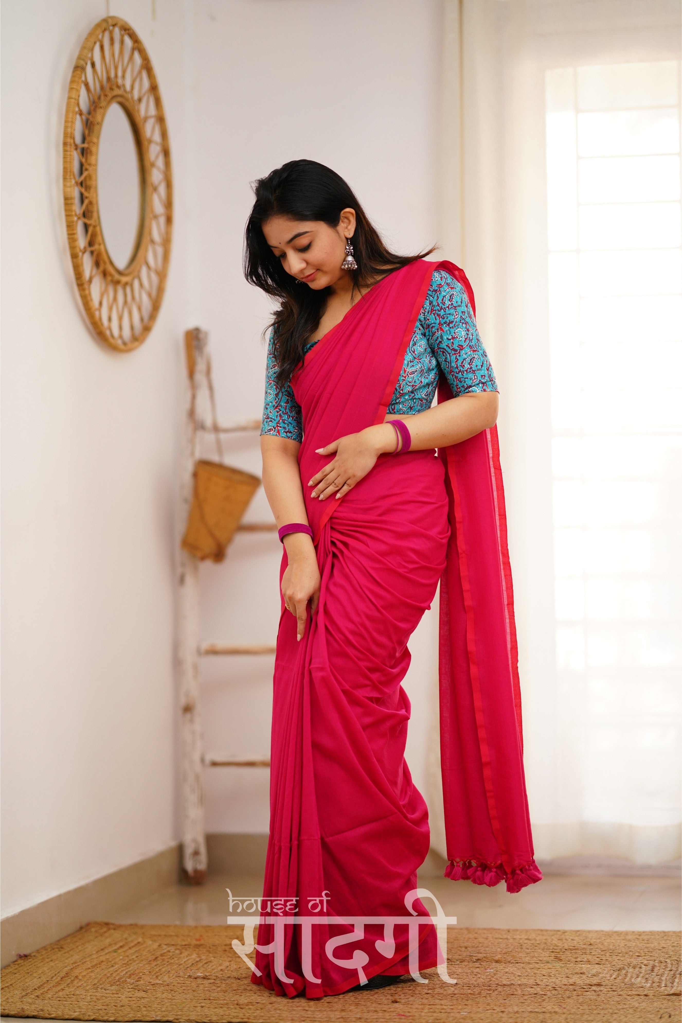 Pink Handloom Khadi Cotton Saree With Sky Blue Print Blouse