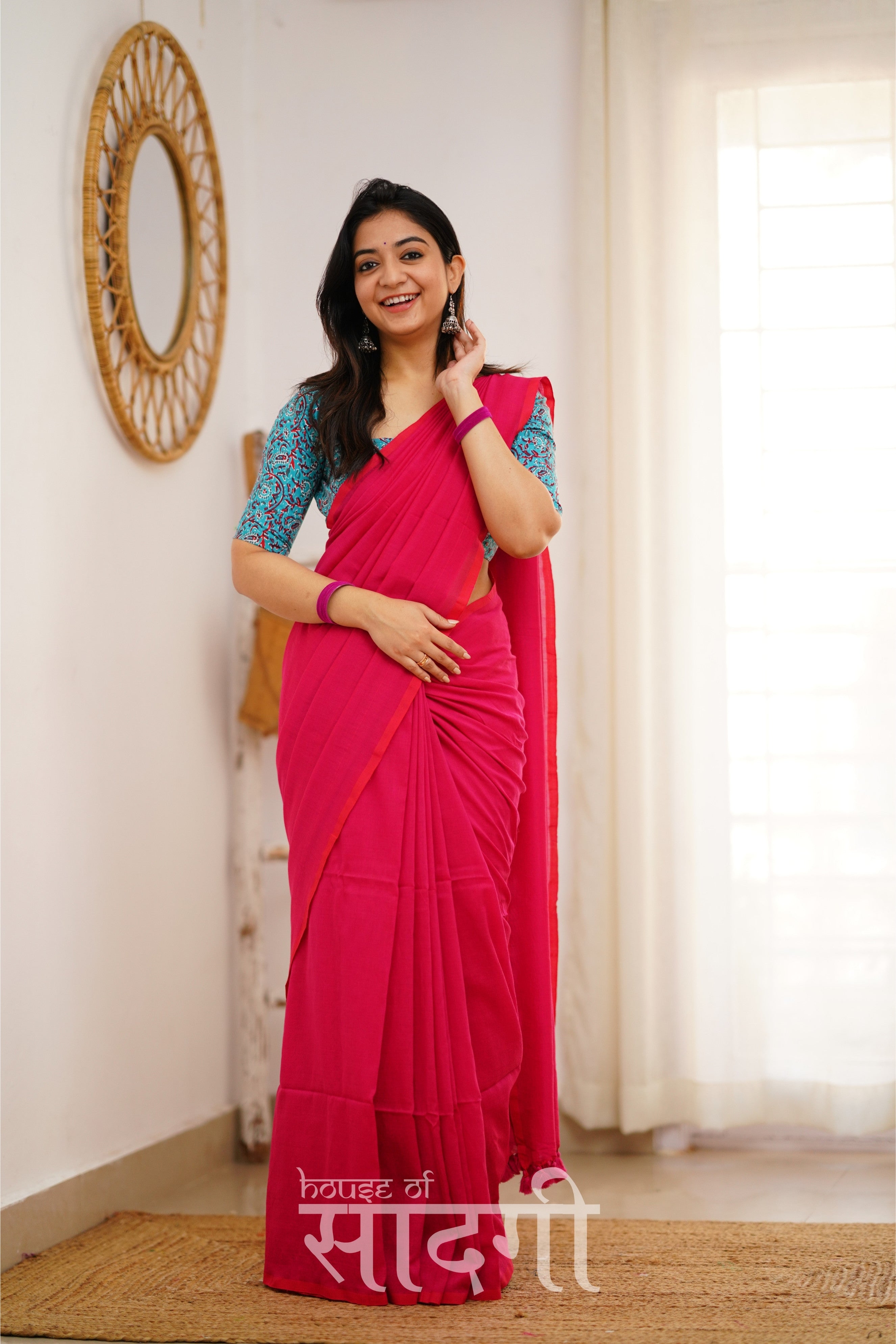 Pink Handloom Khadi Cotton Saree With Sky Blue Print Blouse