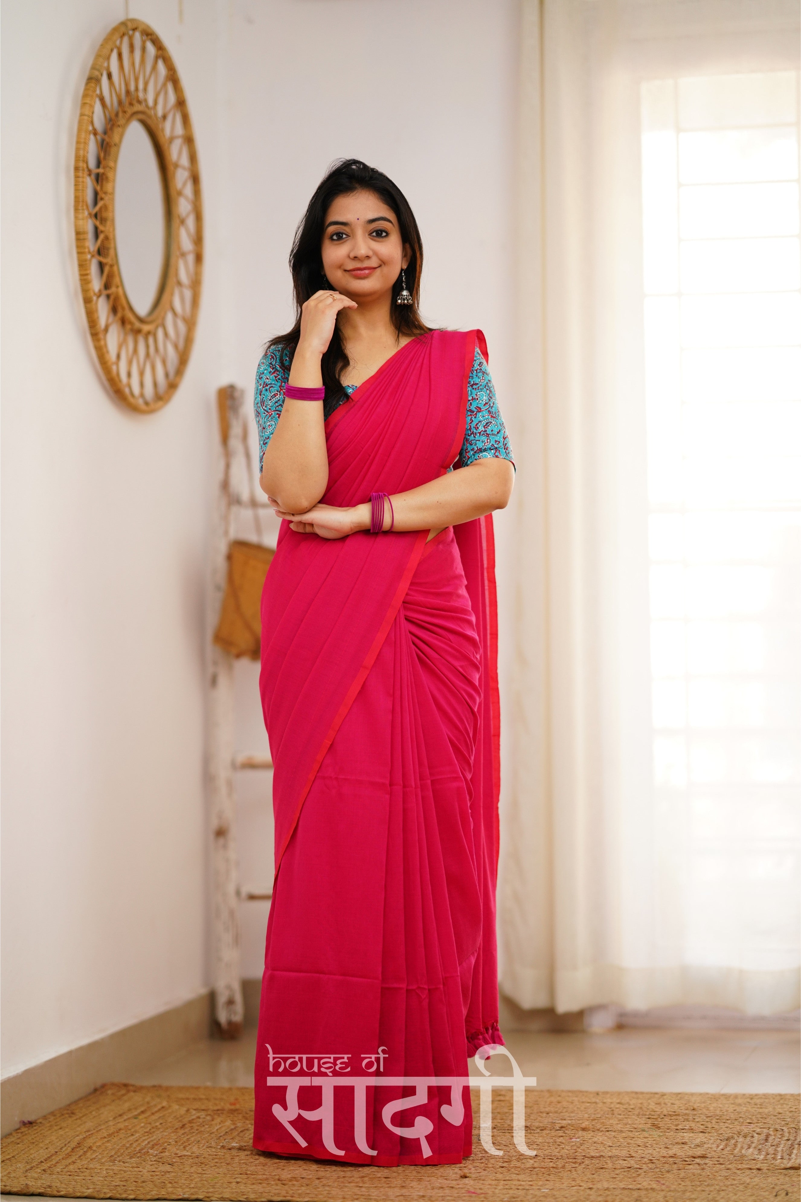 Pink Handloom Khadi Cotton Saree With Sky Blue Print Blouse