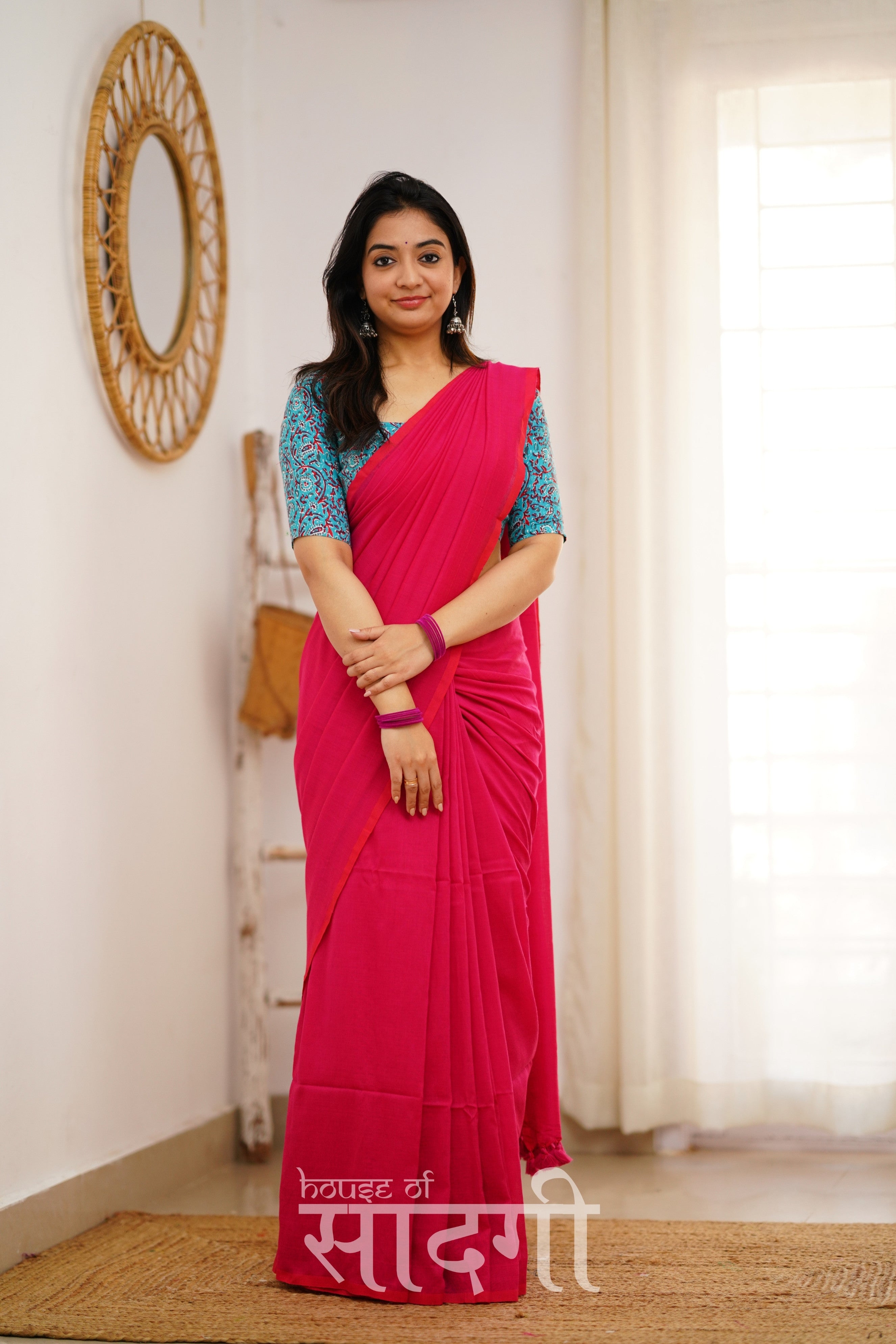 Pink Handloom Khadi Cotton Saree With Sky Blue Print Blouse