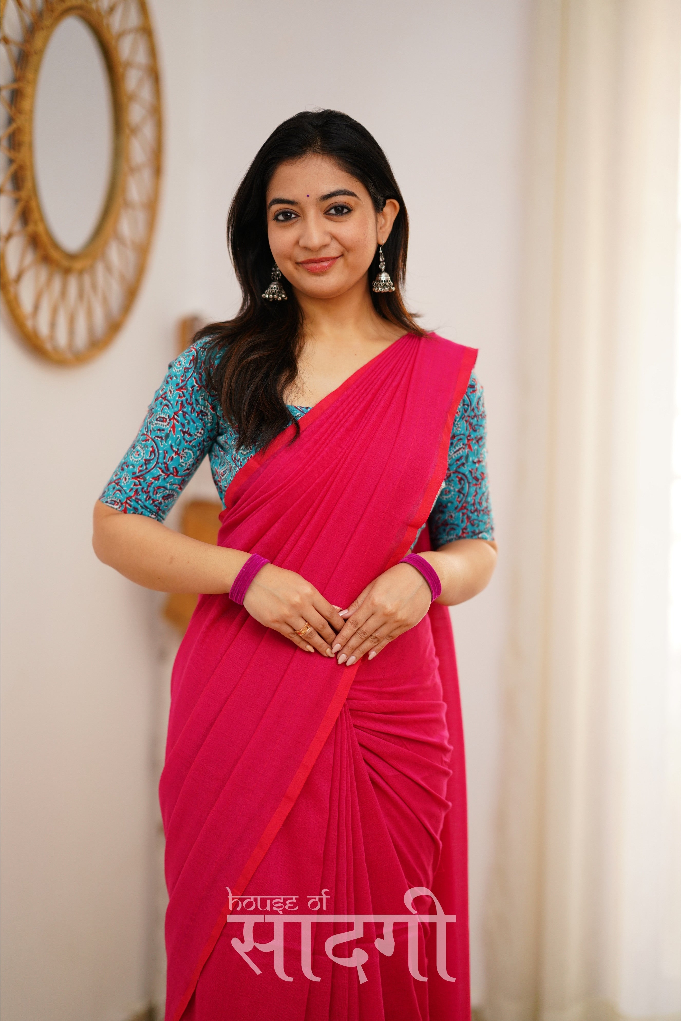 Pink Handloom Khadi Cotton Saree With Sky Blue Print Blouse