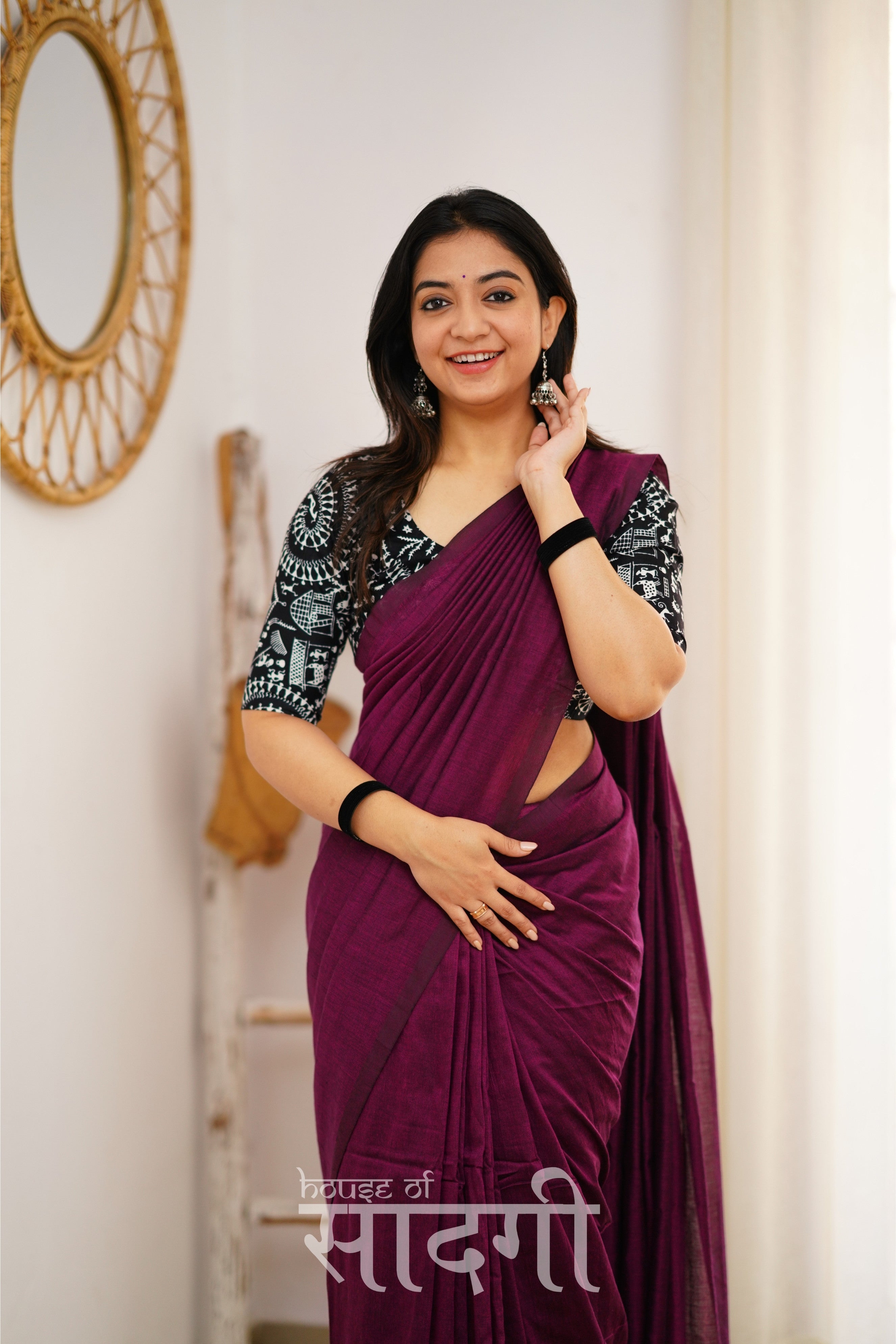 Dark Wine Handloom Khadi Cotton Saree With Black Vani Print Blouse