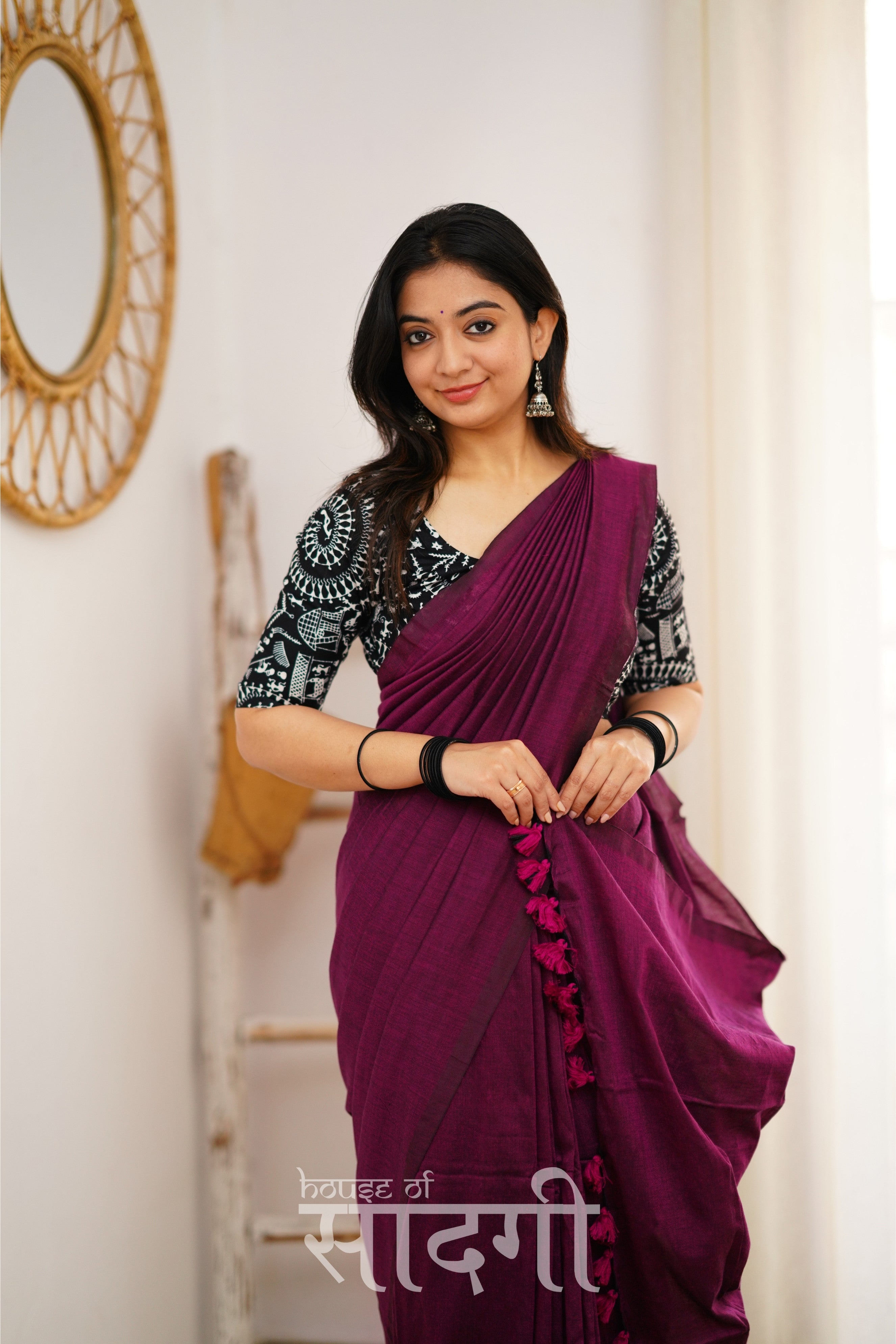 Dark Wine Handloom Khadi Cotton Saree With Black Vani Print Blouse