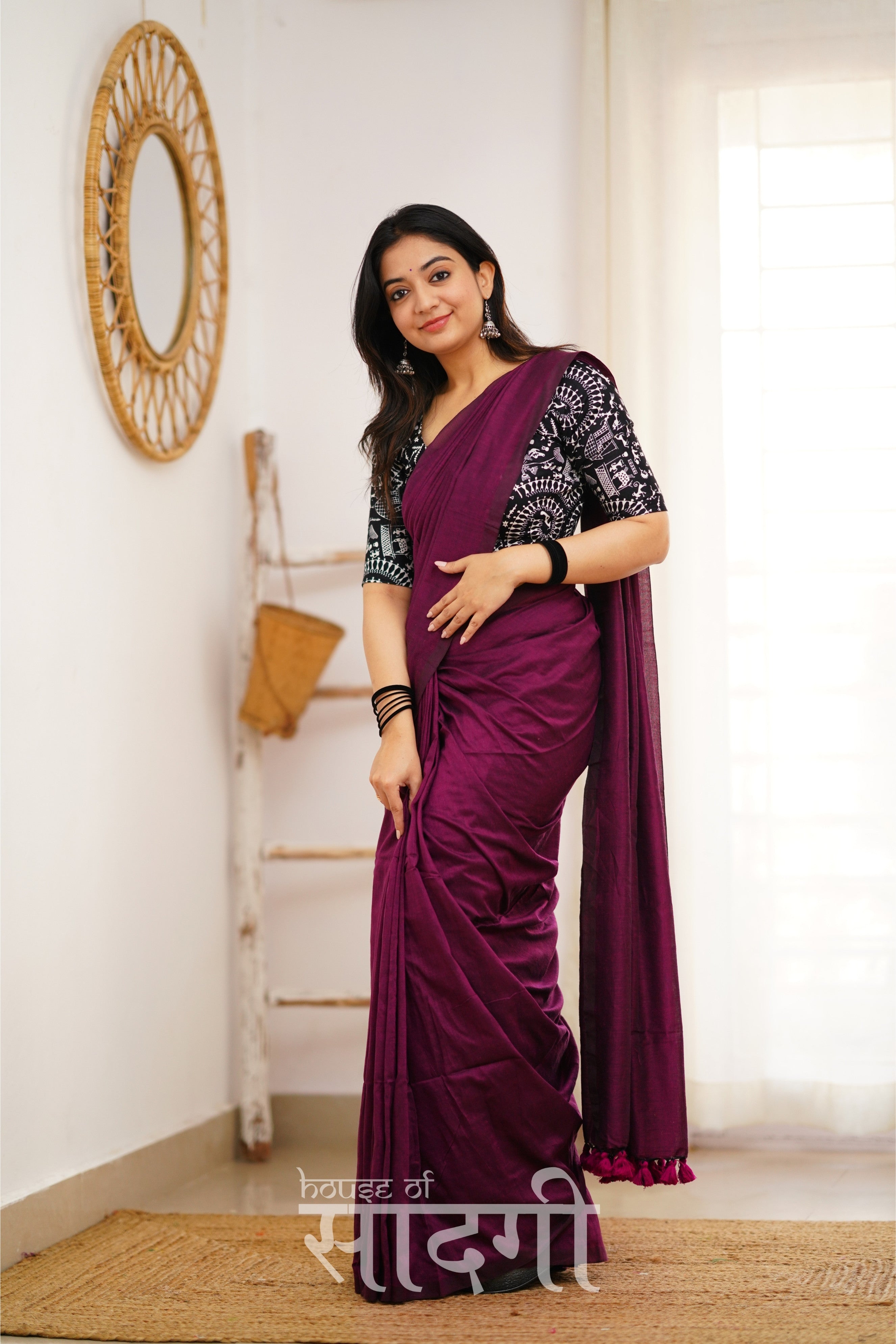 Dark Wine Handloom Khadi Cotton Saree With Black Vani Print Blouse