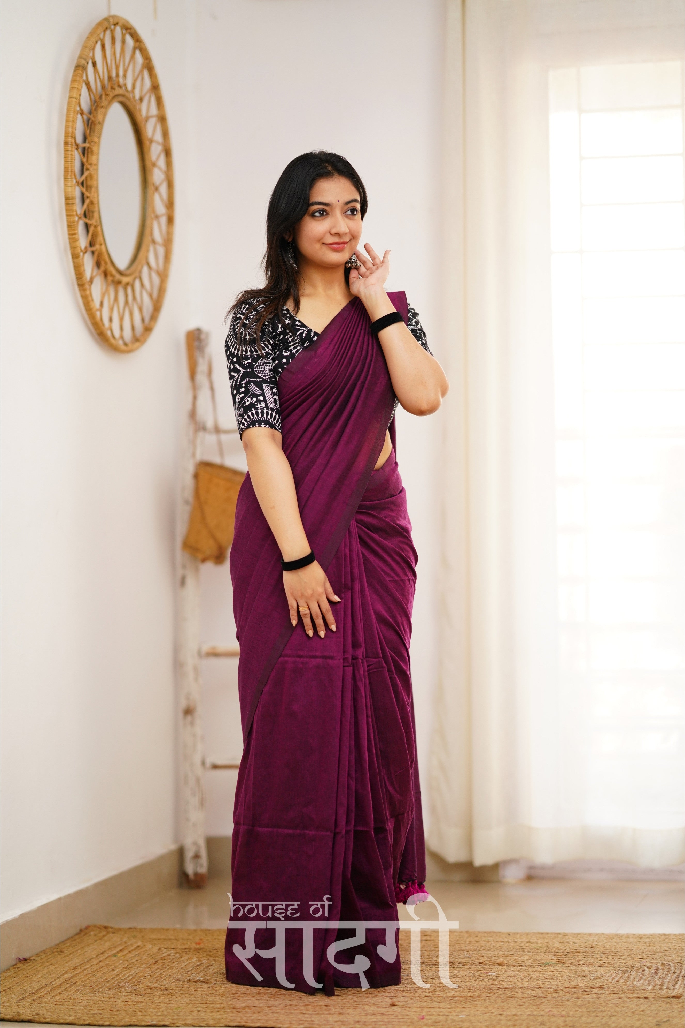 Dark Wine Handloom Khadi Cotton Saree With Black Vani Print Blouse