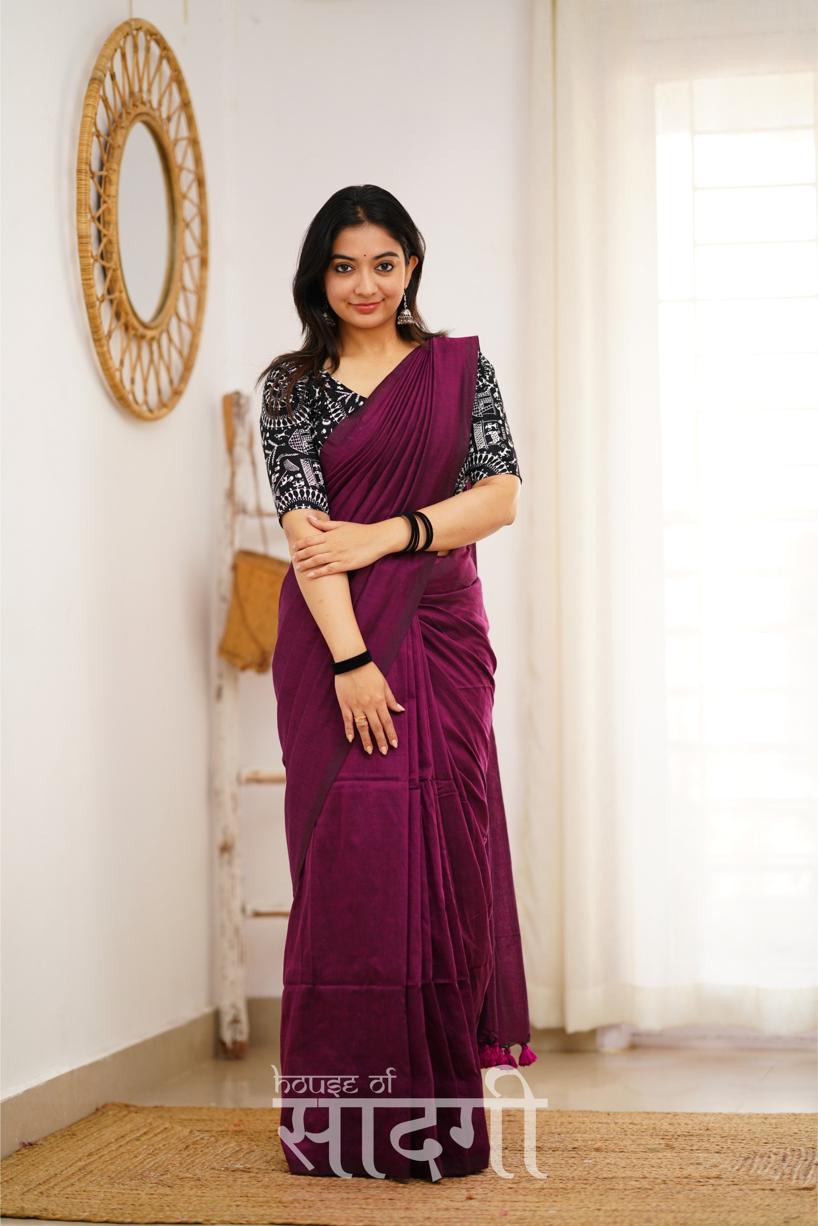 Dark Wine Handloom Khadi Cotton Saree With Black Vani Print Blouse