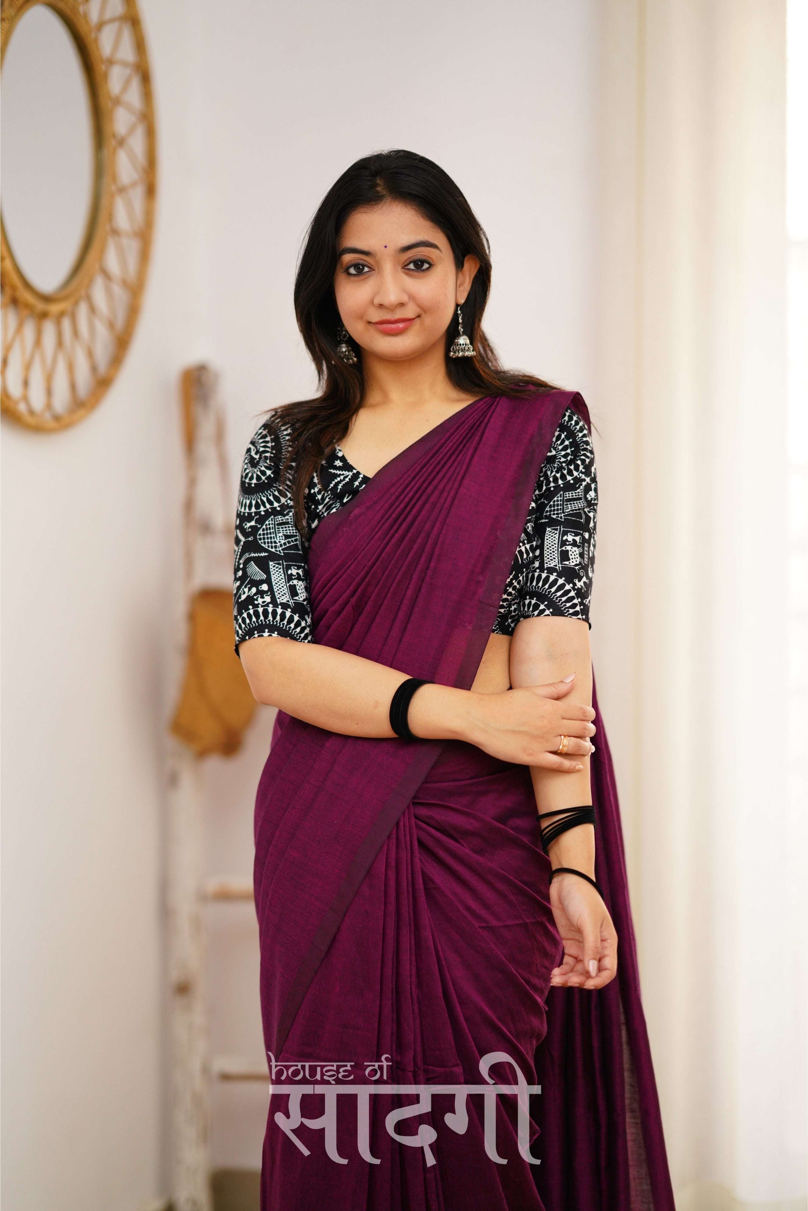 Dark Wine Handloom Khadi Cotton Saree With Black Vani Print Blouse