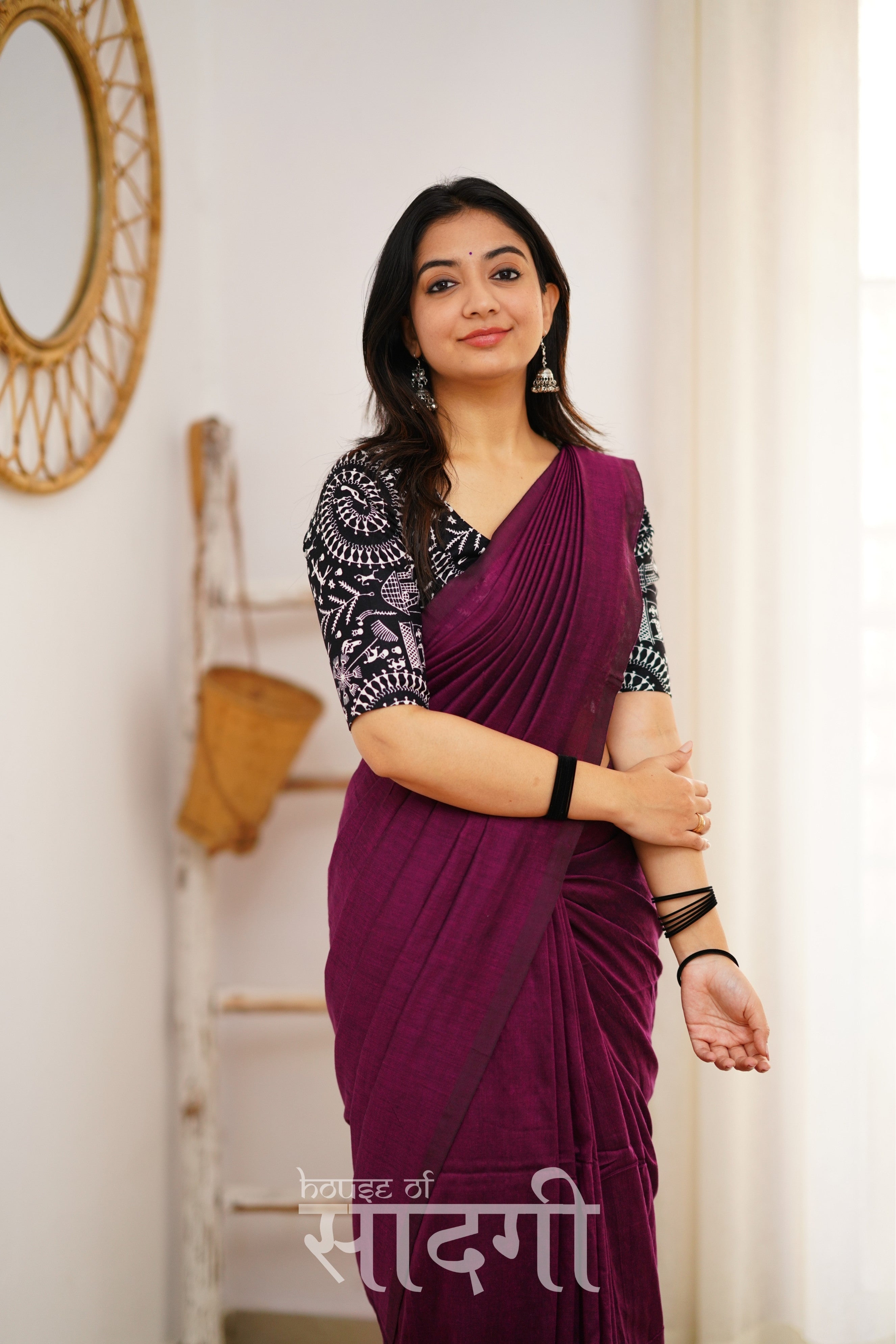 Dark Wine Handloom Khadi Cotton Saree With Black Vani Print Blouse