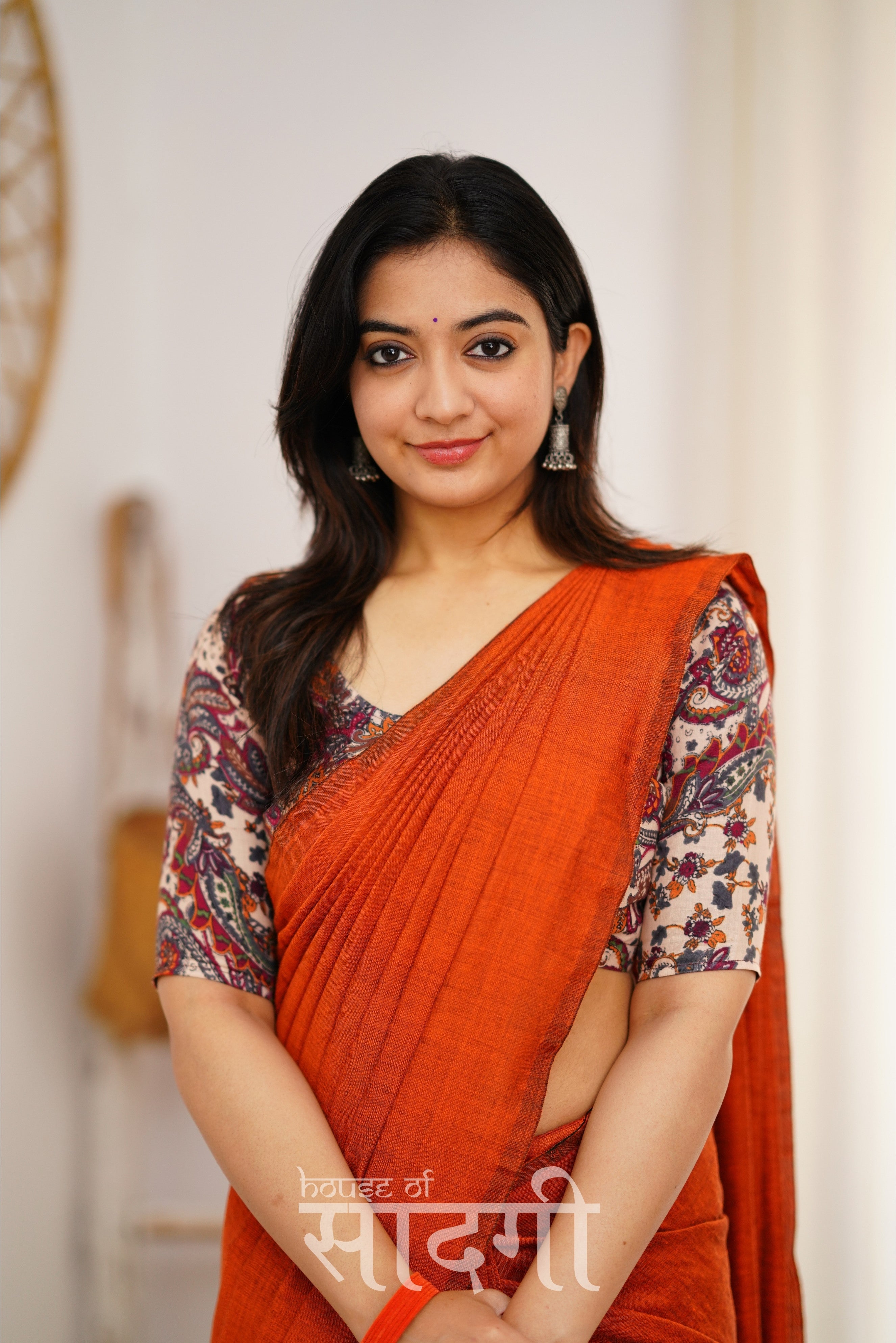 Orange Handloom Khadi Cotton Saree With Mango Print Blouse