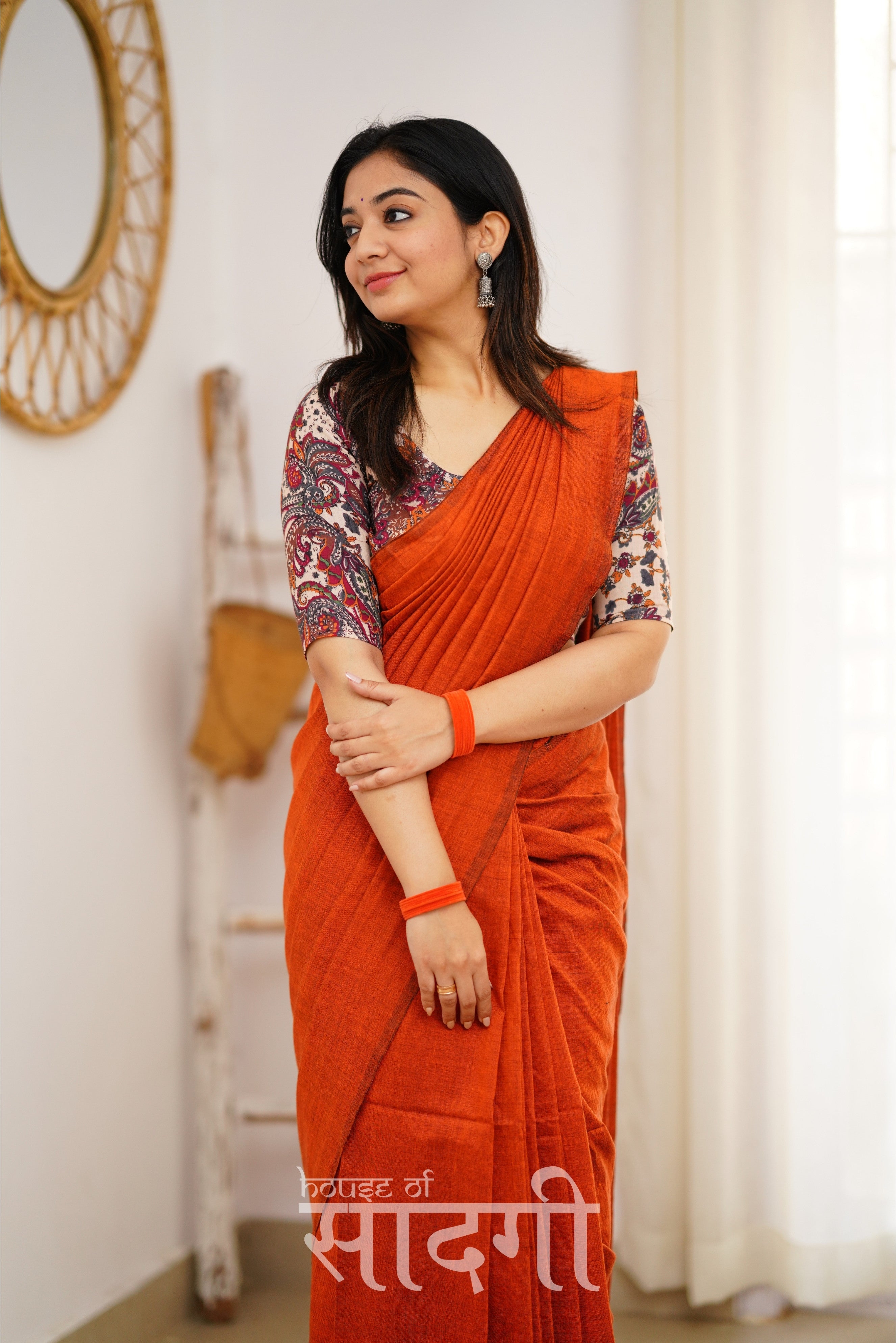 Orange Handloom Khadi Cotton Saree With Mango Print Blouse