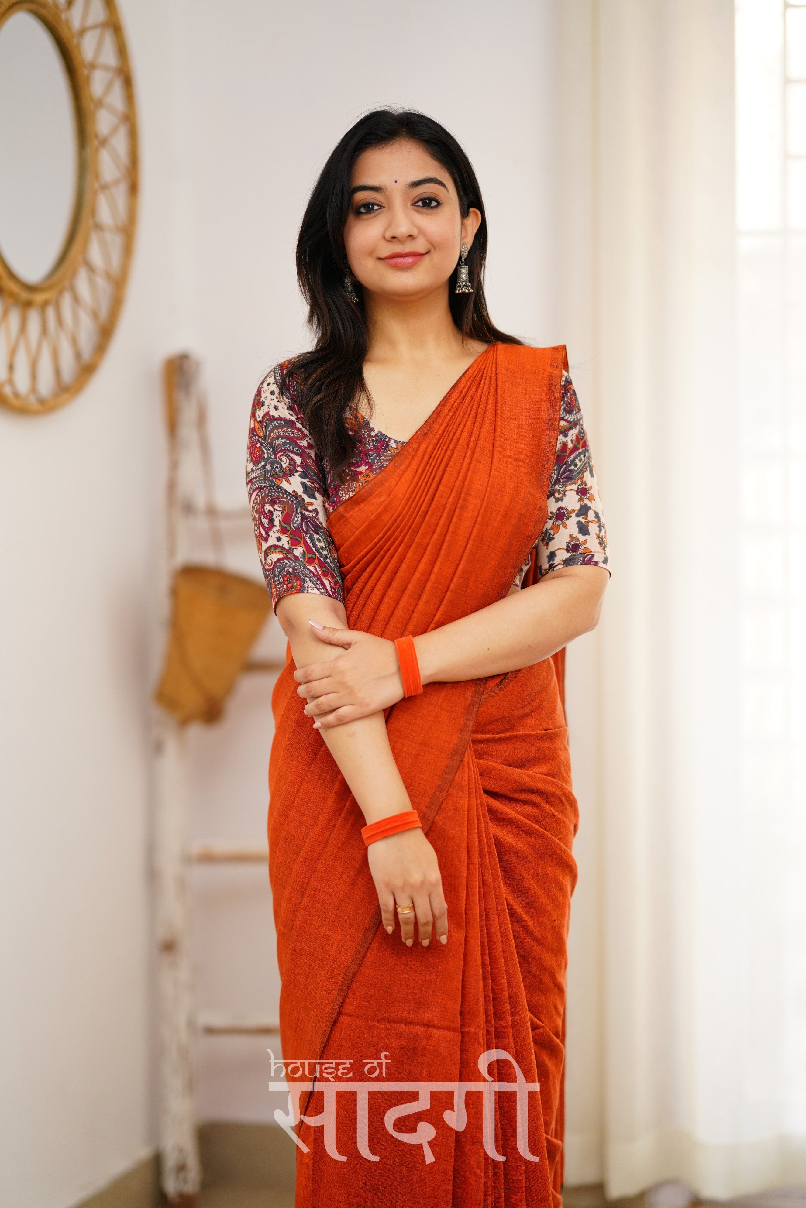 Orange Handloom Khadi Cotton Saree With Mango Print Blouse