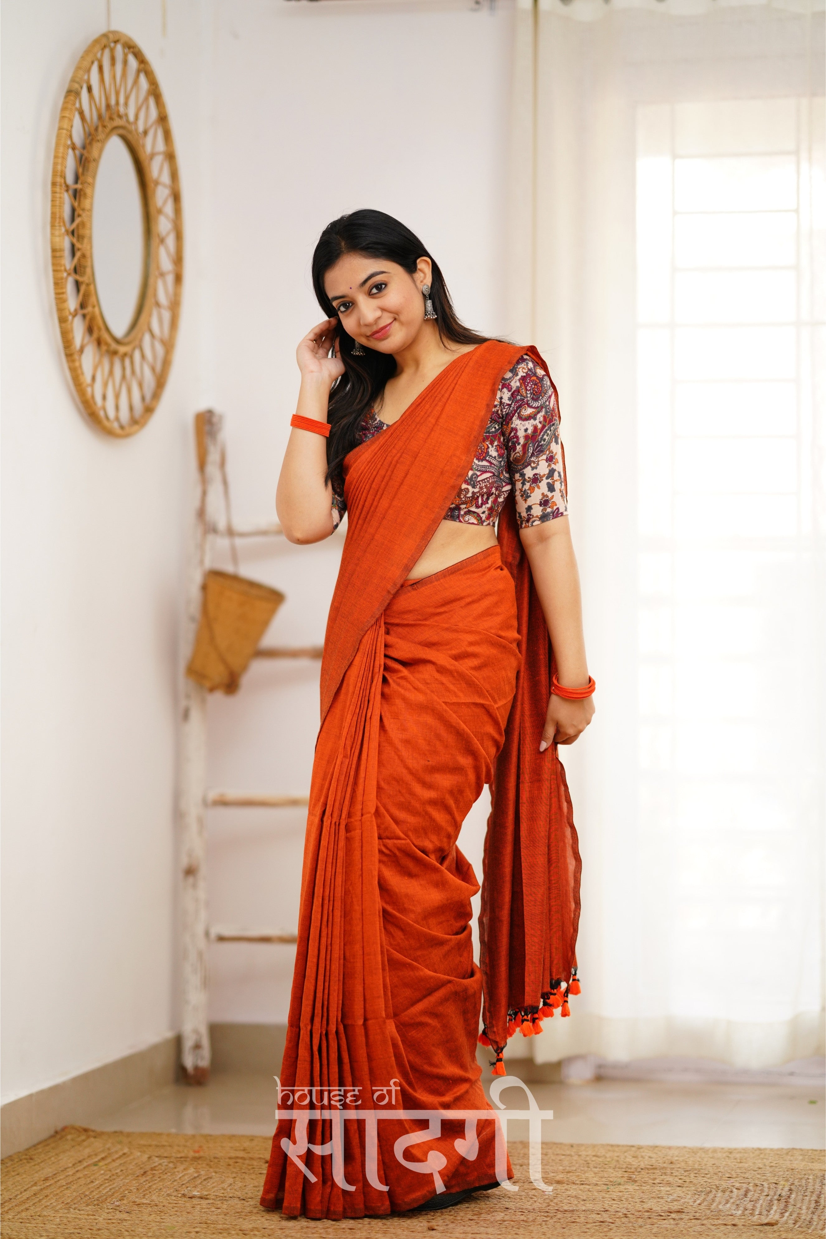 Orange Handloom Khadi Cotton Saree With Mango Print Blouse