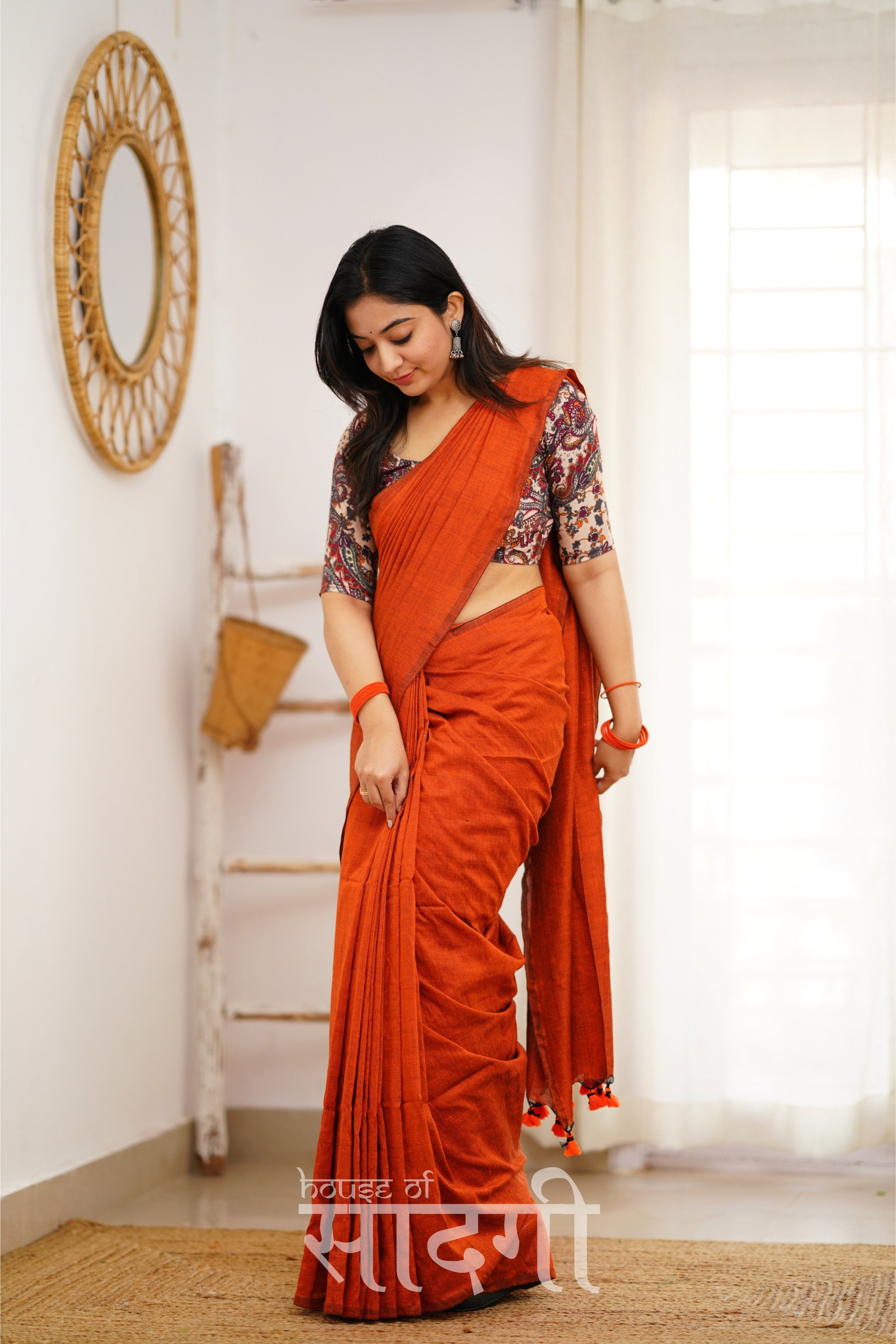 Orange Handloom Khadi Cotton Saree With Mango Print Blouse