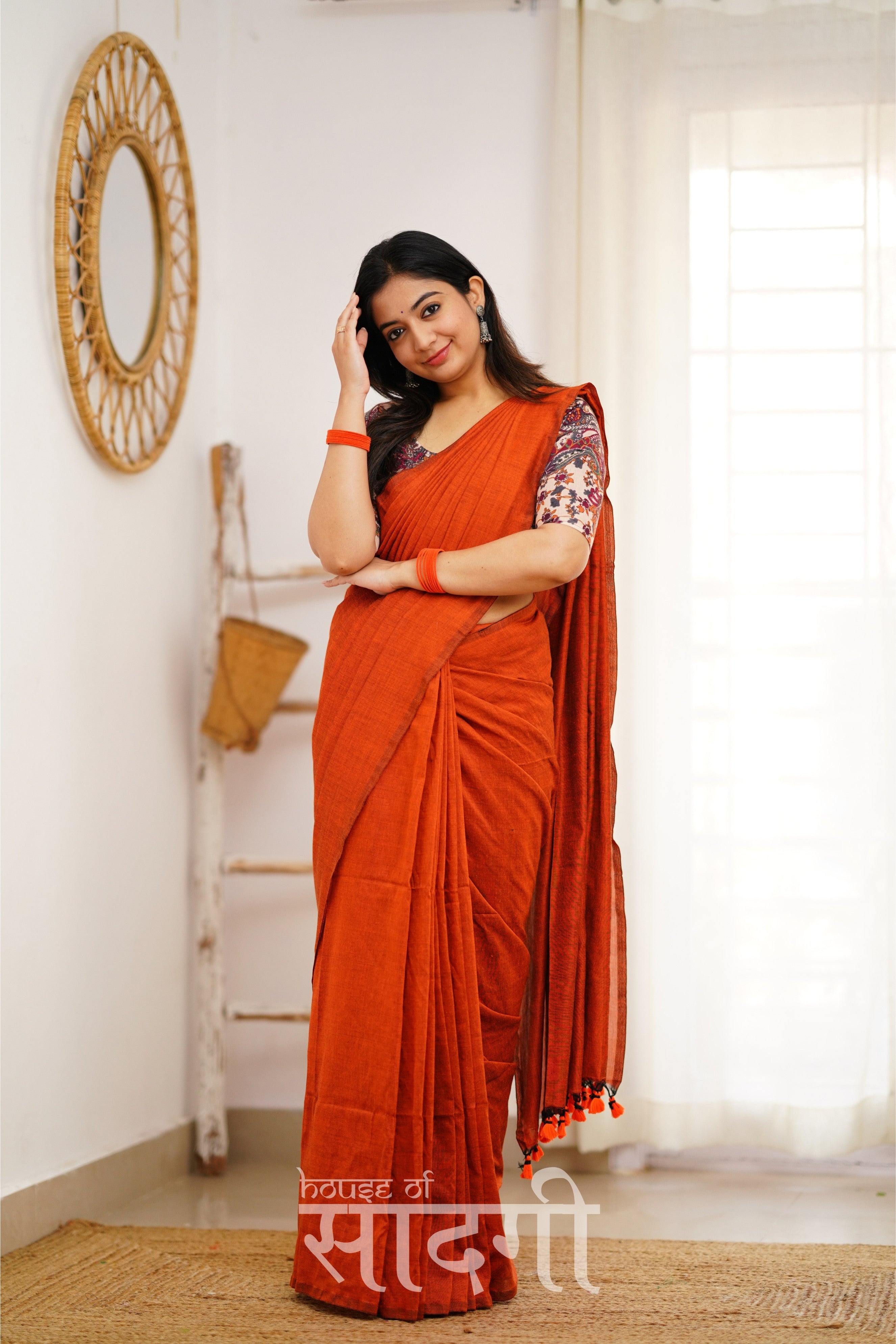 Orange Handloom Khadi Cotton Saree With Mango Print Blouse